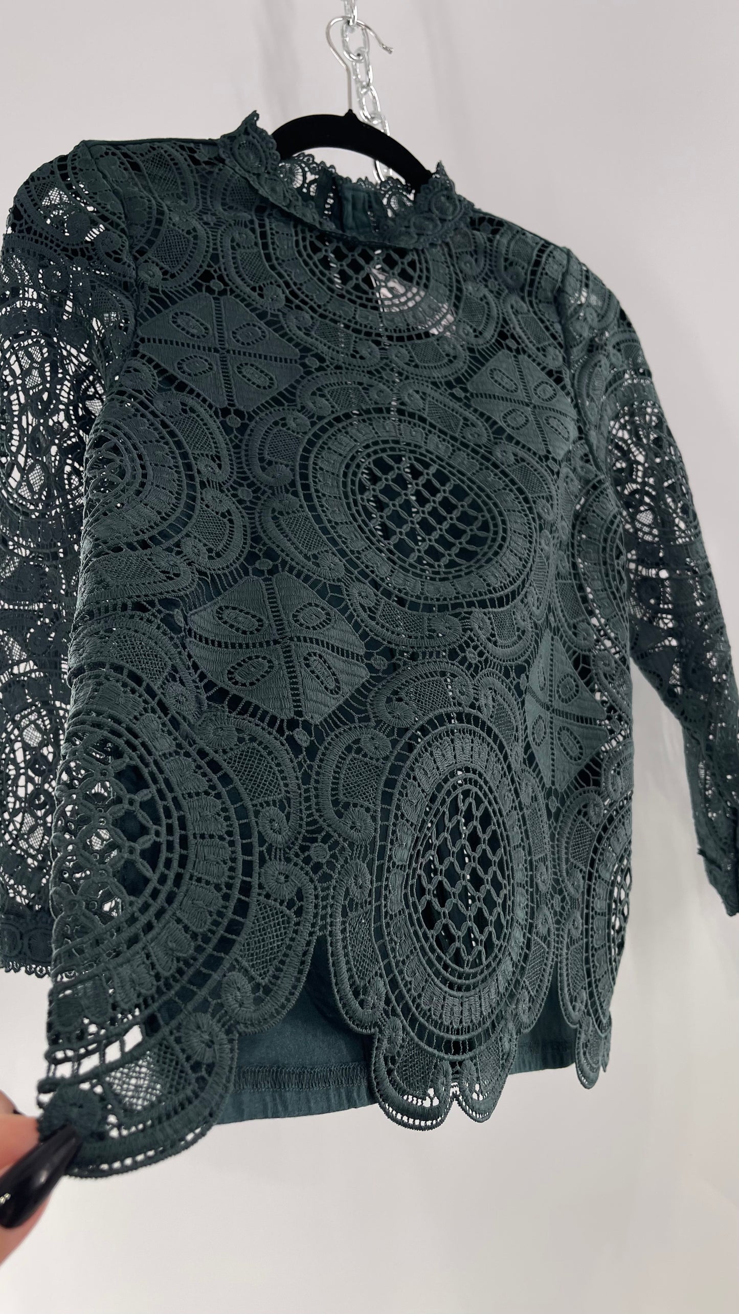 James Coviello New York Thick Lace Forest Green Blouse with Button Down Back (XS)