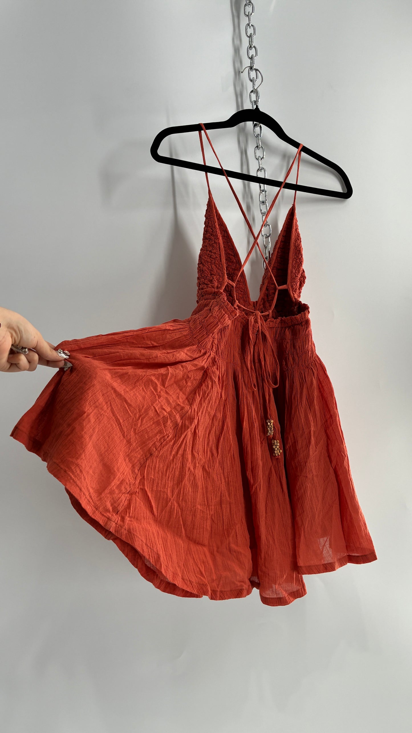 Free People Burnt Orange Smocked Bust Voluminous Mini Dress (Small)