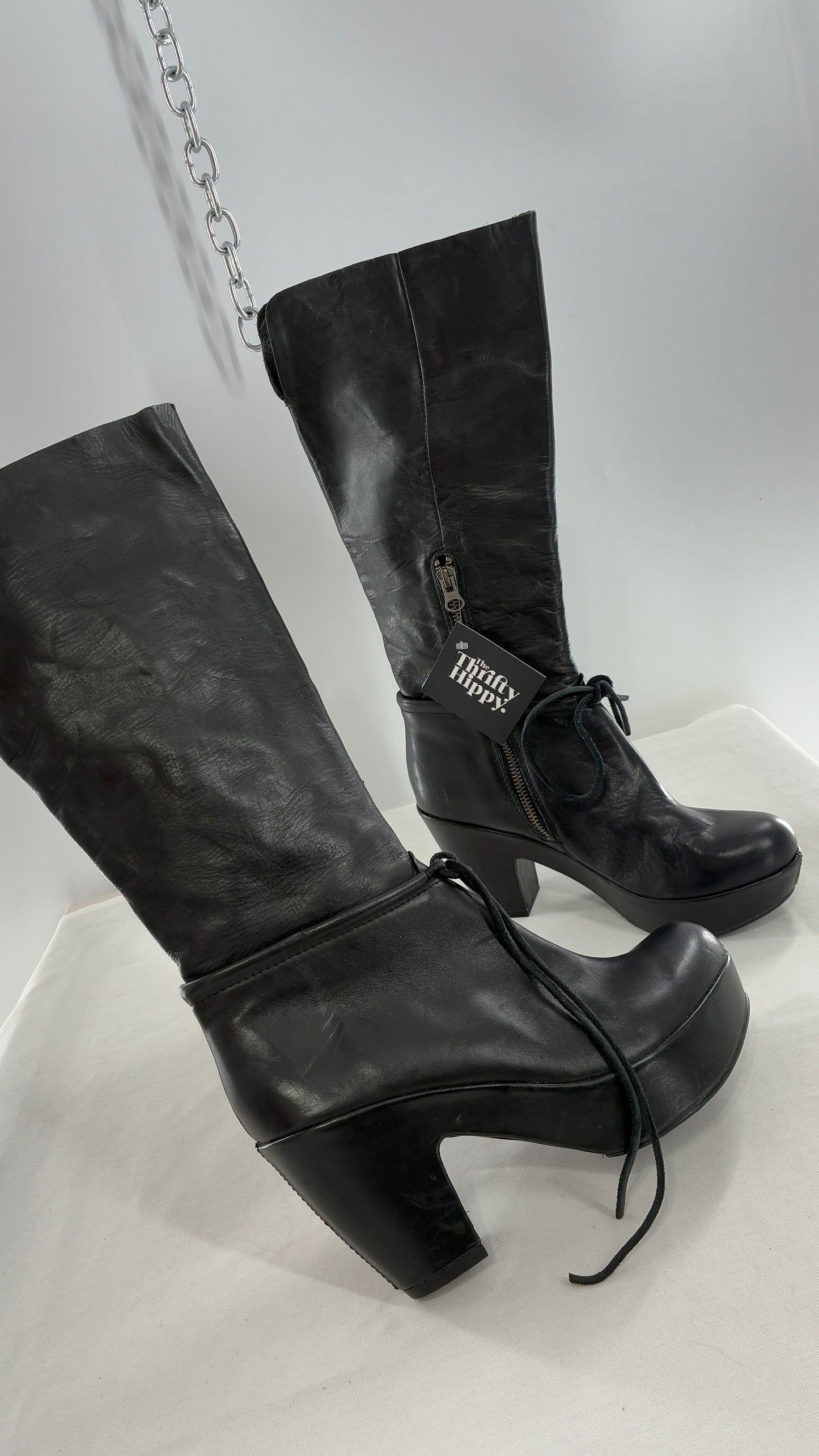 Vintage KORK EASE Black Genuine Leather Platform Clog, Knee High Boots (8/39)