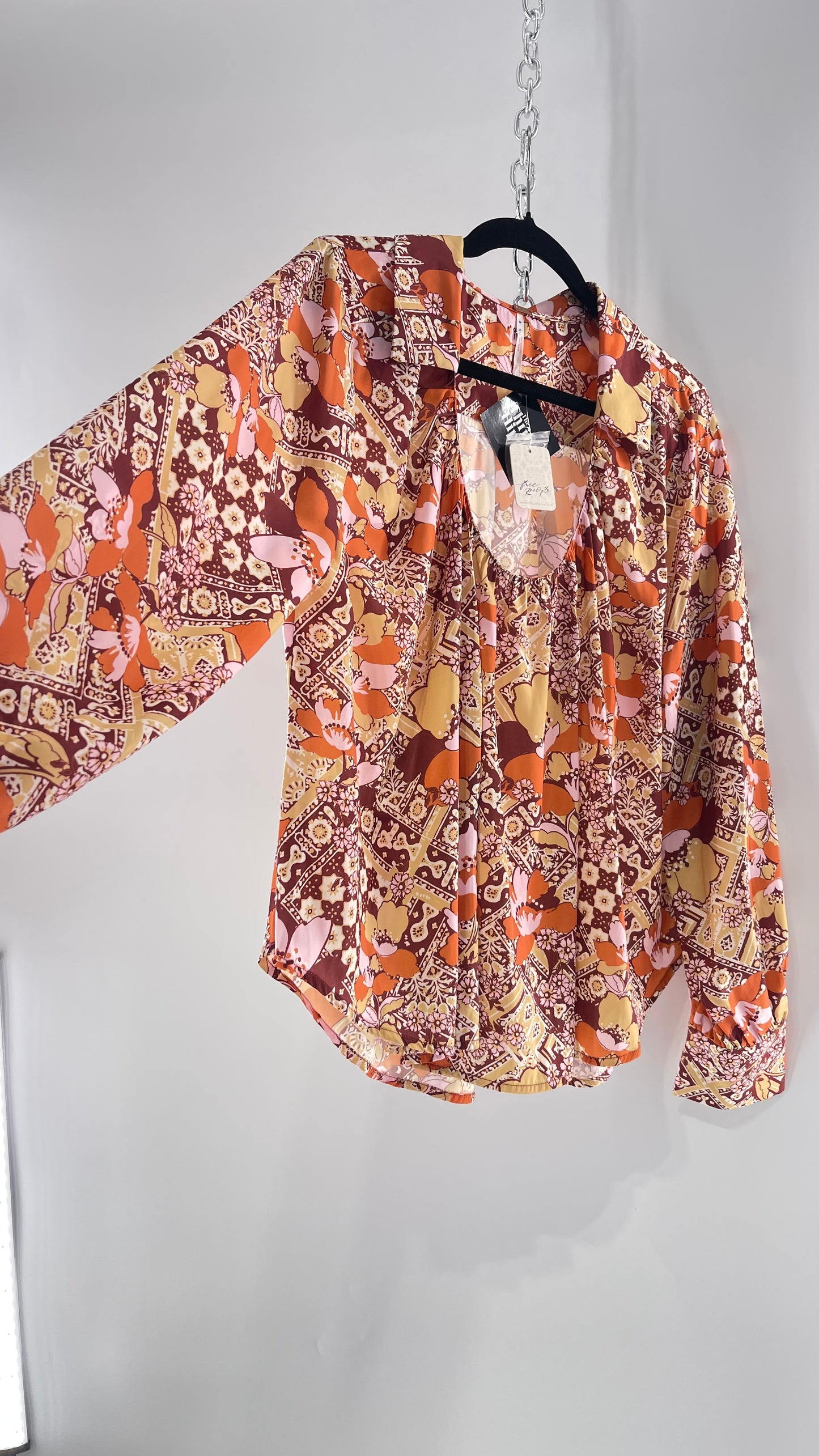 Free People All Over Mixed Warm Toned Satin Blouse with Pleated/Draping Neckline and Collar, Tags Attached (Small)