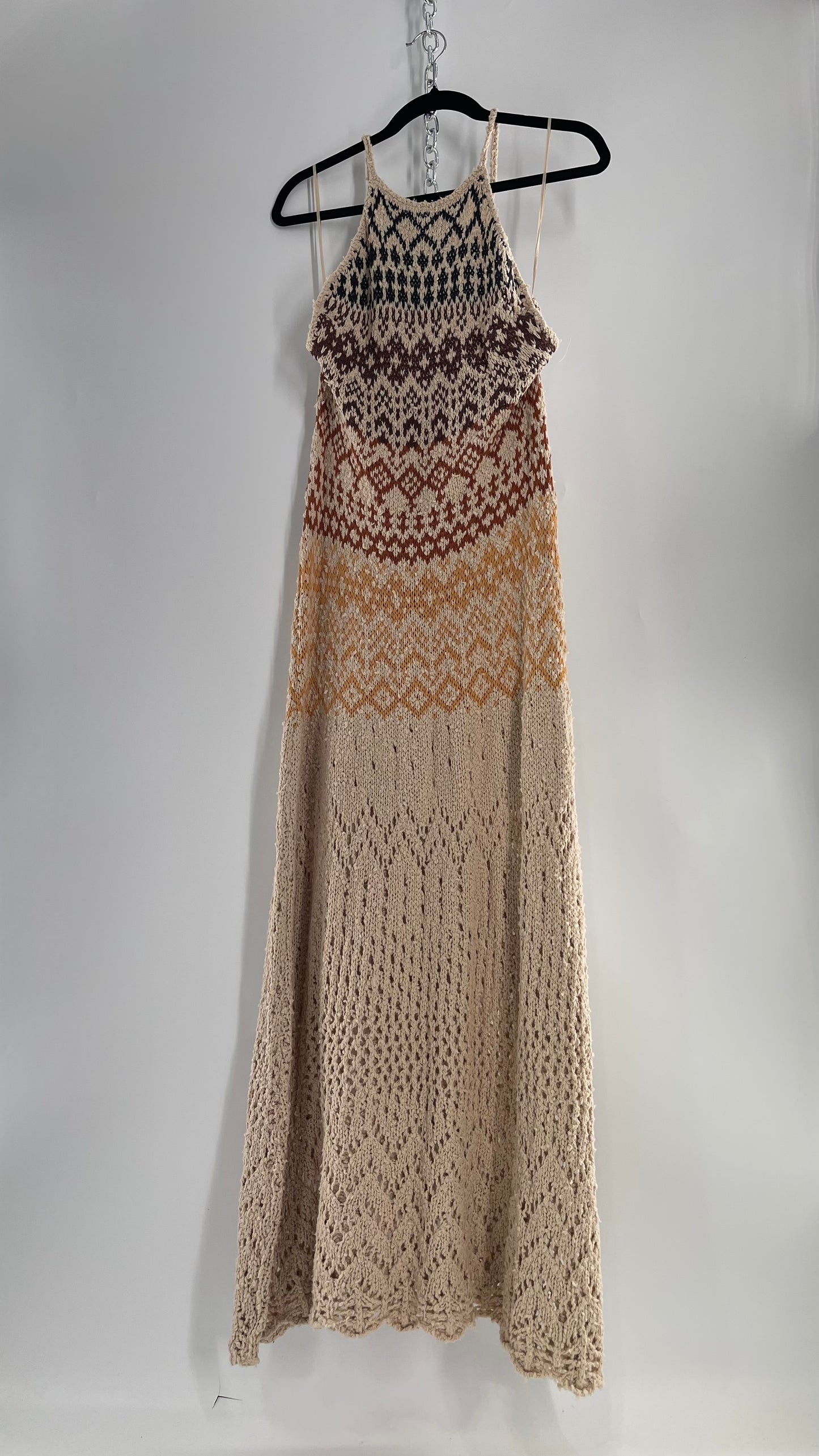 Free People Beige Ikat Oasis Knit Halter Maxi Dress (Small)