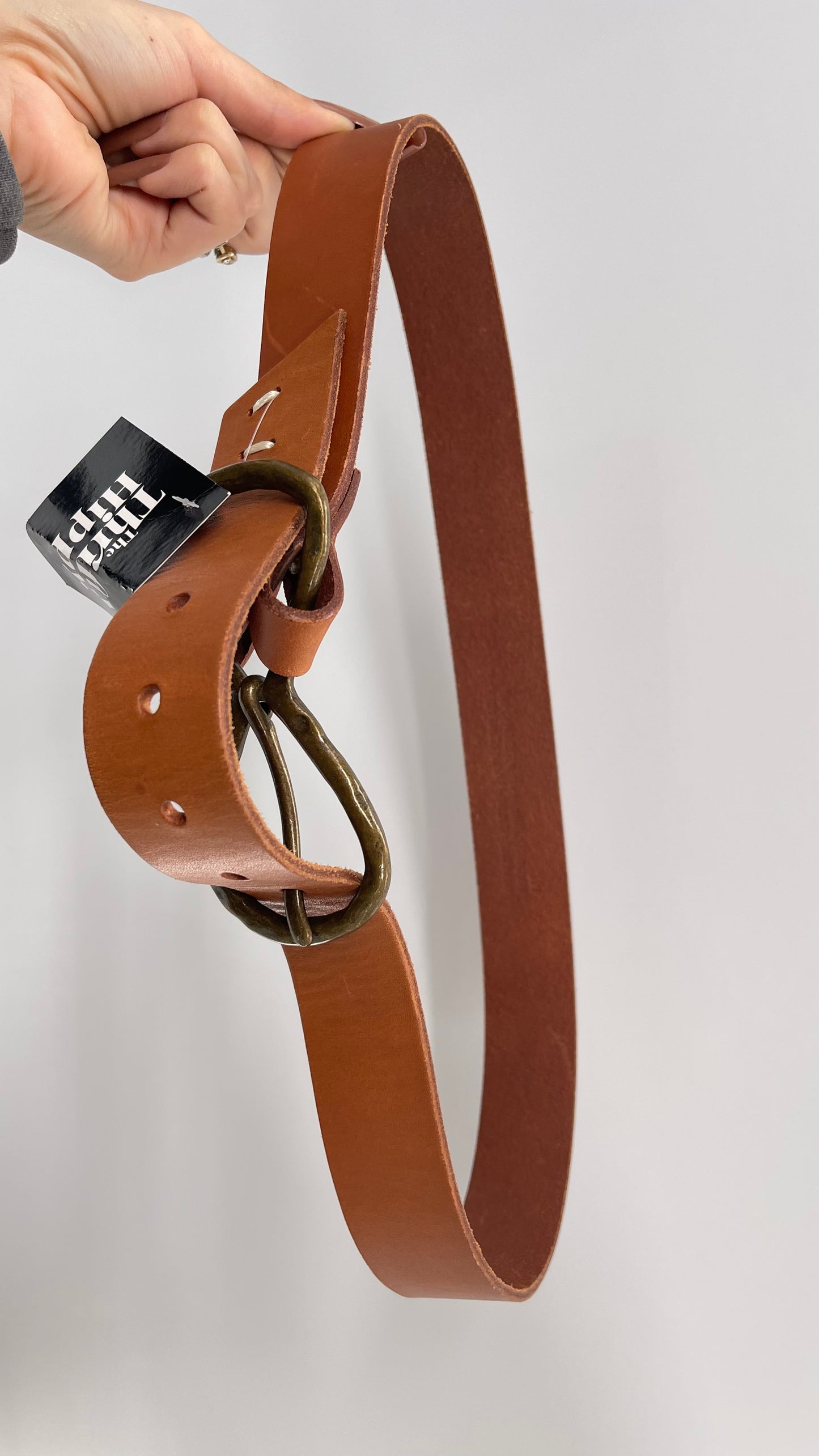 Anthropologie Cognac Leather Belt with Infinity Style Bronze Buckle (M/L)