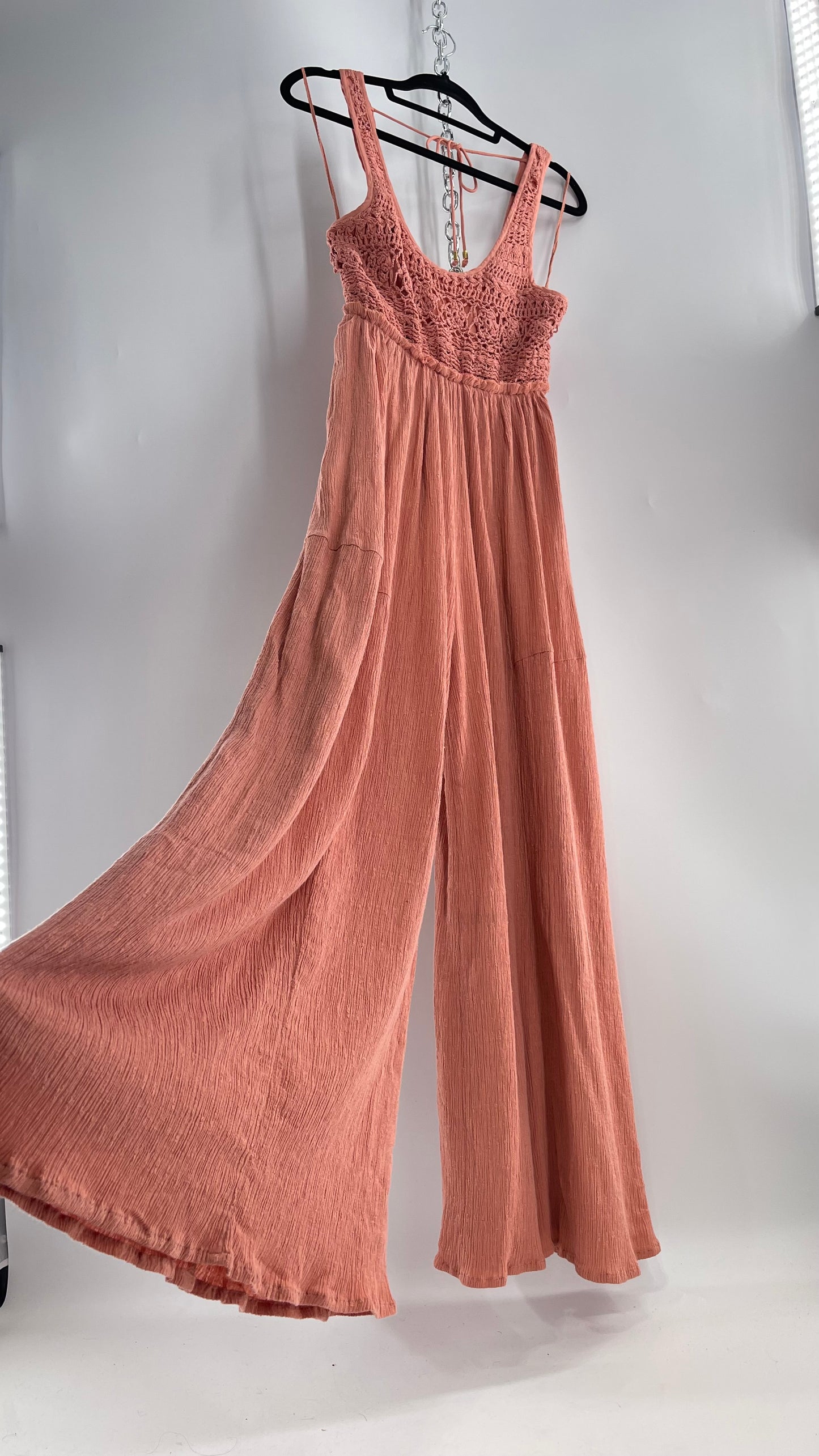 Free People Rose/Peach Pink Wide Leg Jumpsuit with Crochet Bust and Tags Attached (XS)