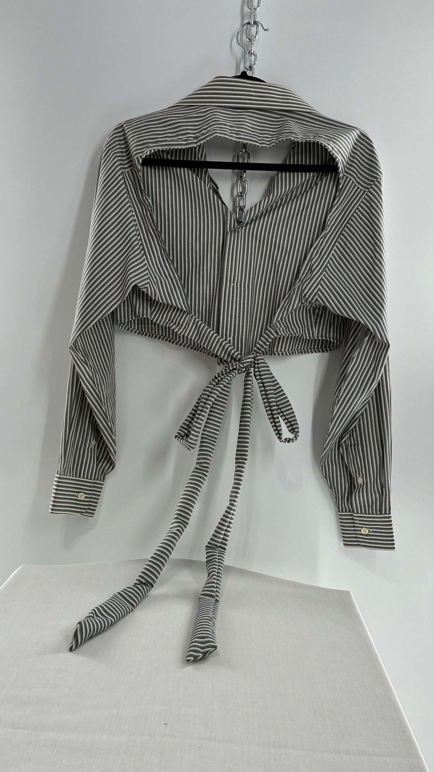 Vintage DAVID TAYLOR Reworked Button Front Backless Grey Striped Blouse (One Size)