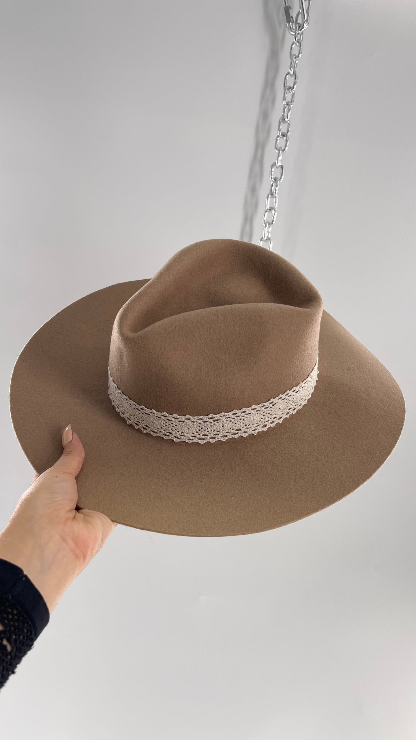 Free People WYETH Tan 100% Wool Lace Belted Wide Brim Sun Hat