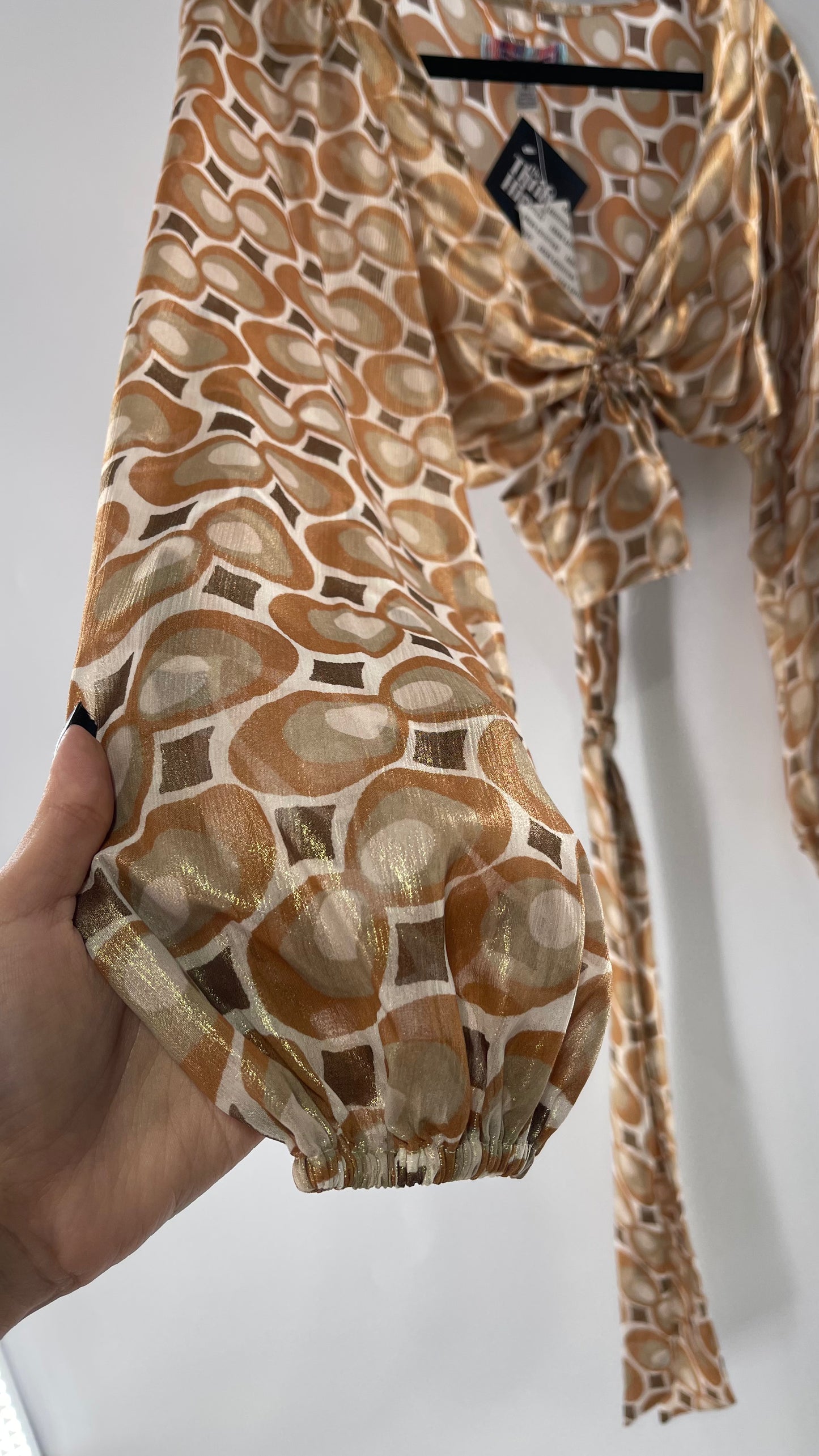 Urban Outfitters Shimmer Top Balloon Sleeve Gold Retro Print Cut Out Tie Around Blouse (Medium)