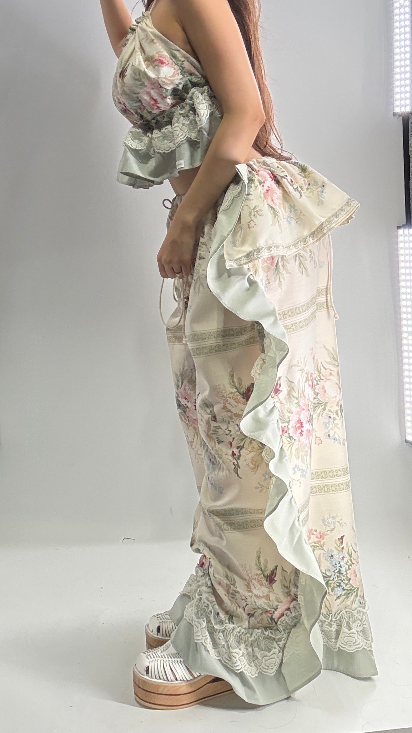 Handmade Vintage Muted Florals Two Piece Set with Adjustable Waist and Bust Lines (XS-XL)