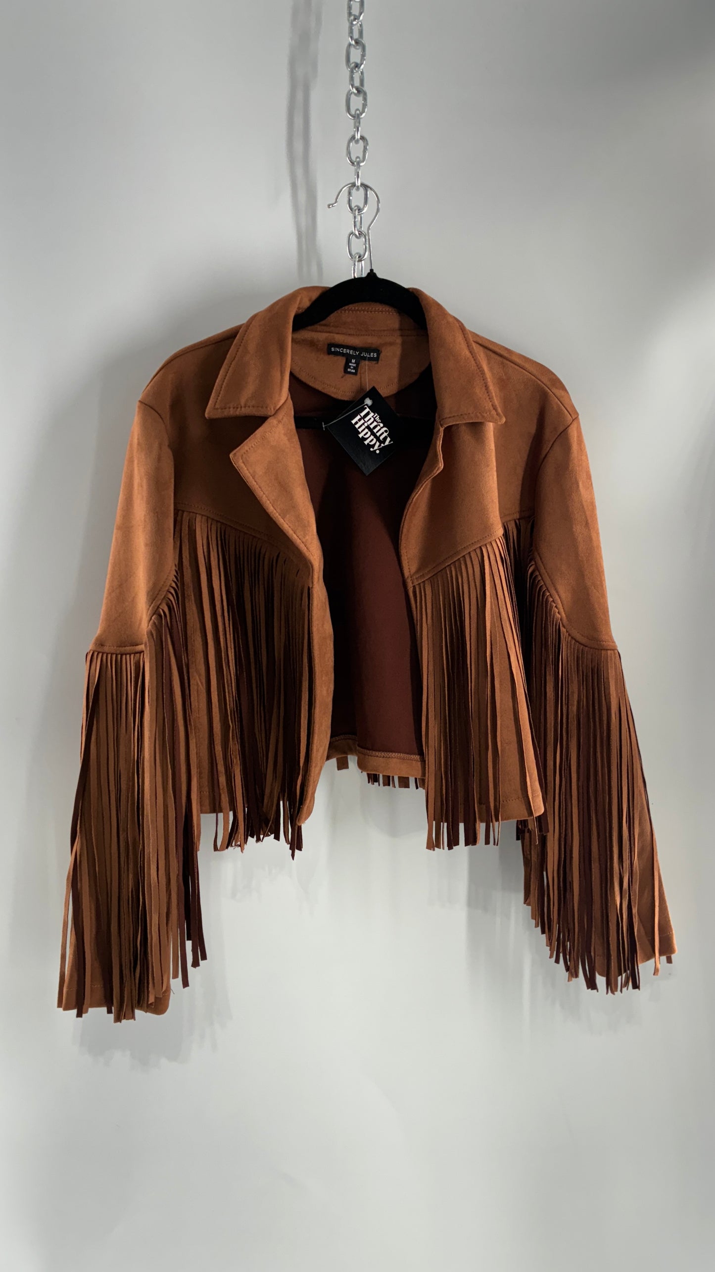 SINCERELY JULES Brown Vegan Suede Cropped Fringe Jacket (Medium)