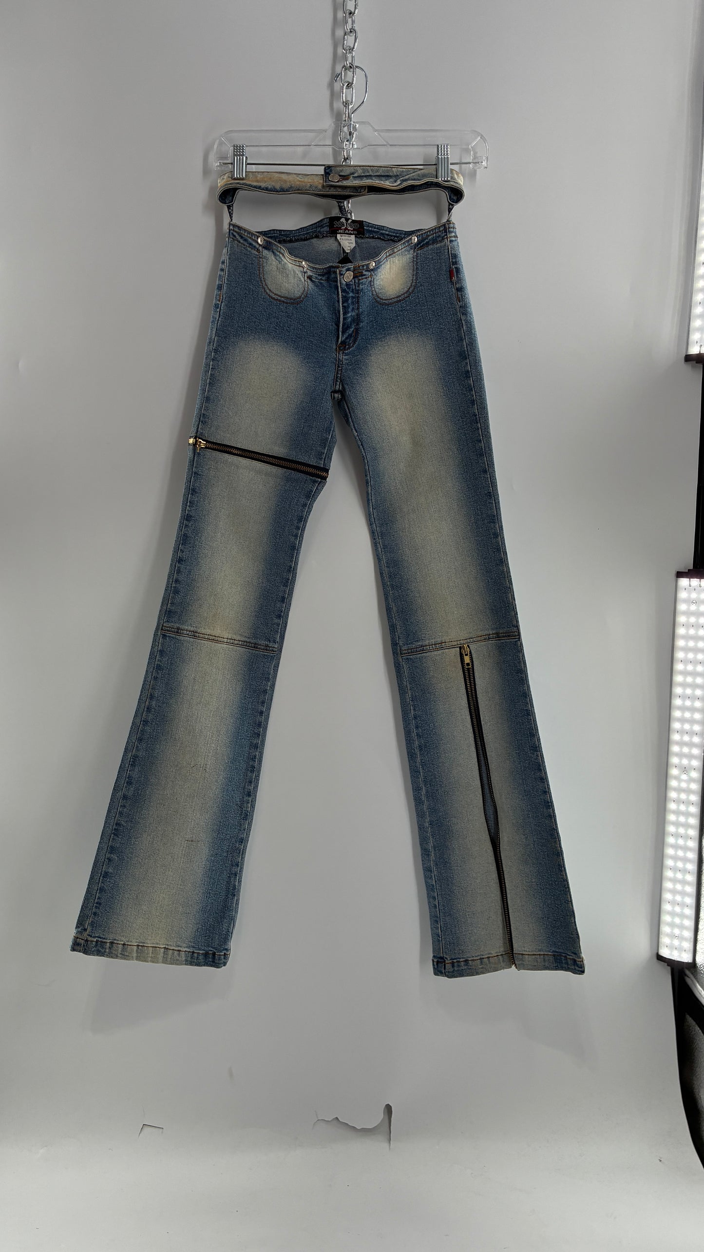 Vintage XCESO JEANS Rare Faded Double Waistband Kickflare Jeans with Functional Zipper Details (Medium*)