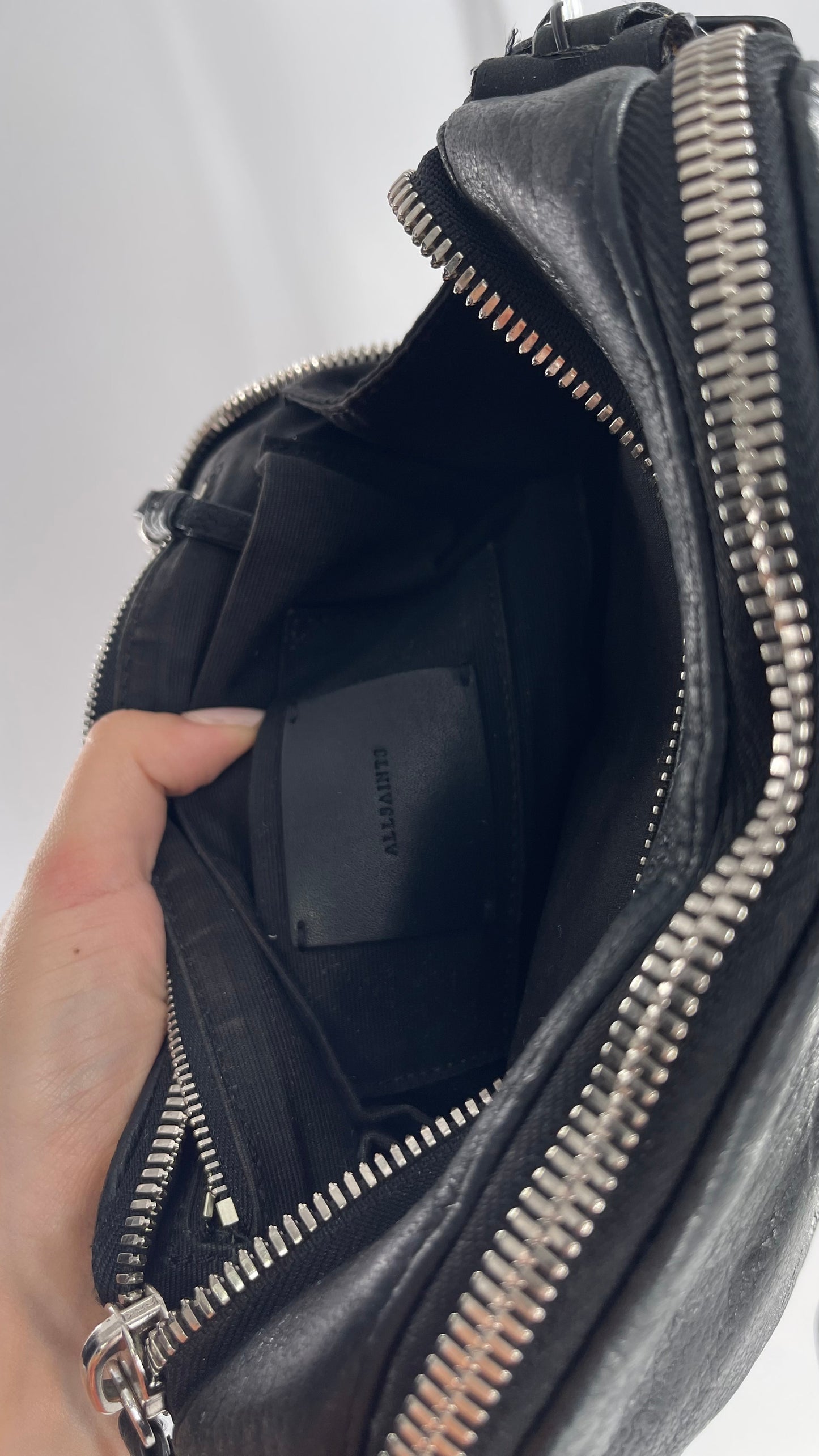 ALL SAINTS Black Leather Zippered Bag
