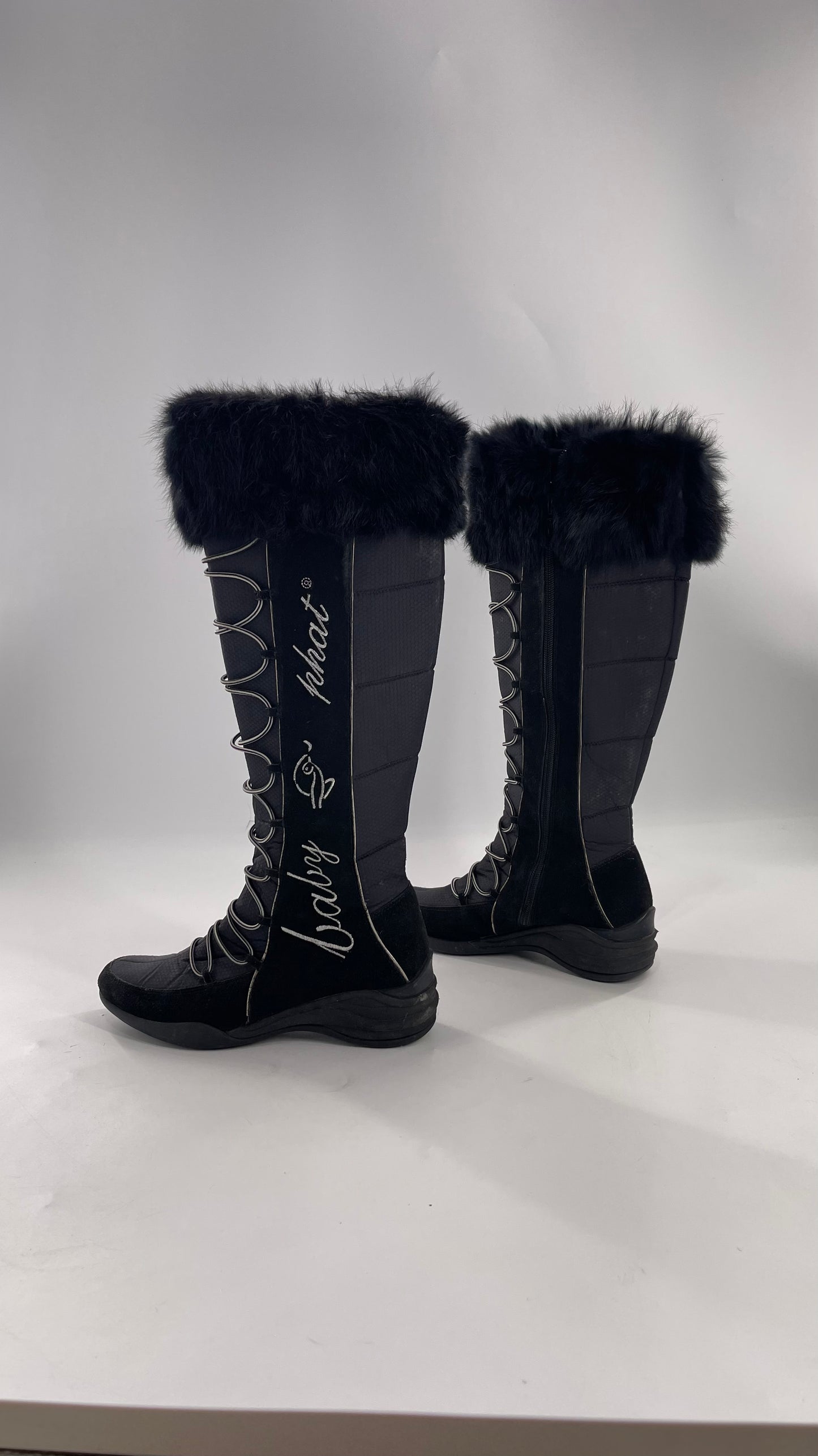 Baby Phat Black Knee High Boots with Rabbit Fur Trim, Bungee Cord Ties, and Embroidered Logo Design (8)