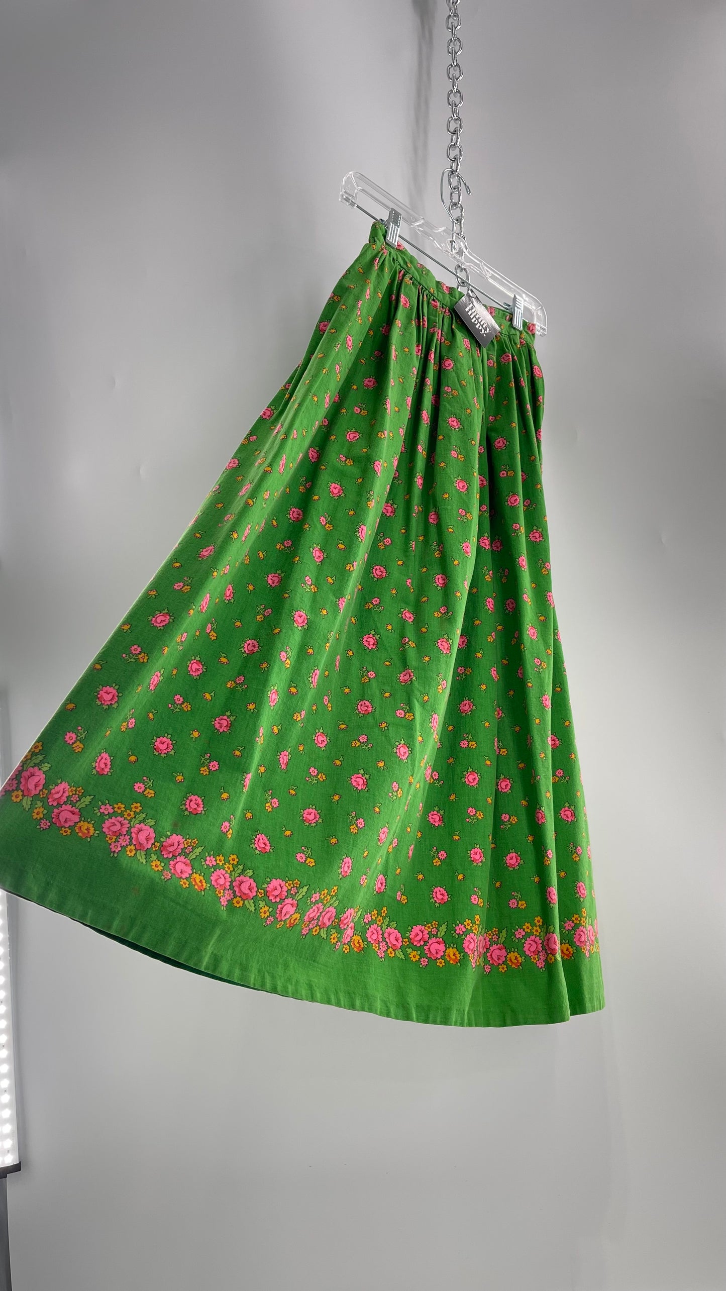 Vintage Imported Cotton Kelly Green Skirt with Pink Roses (XS)