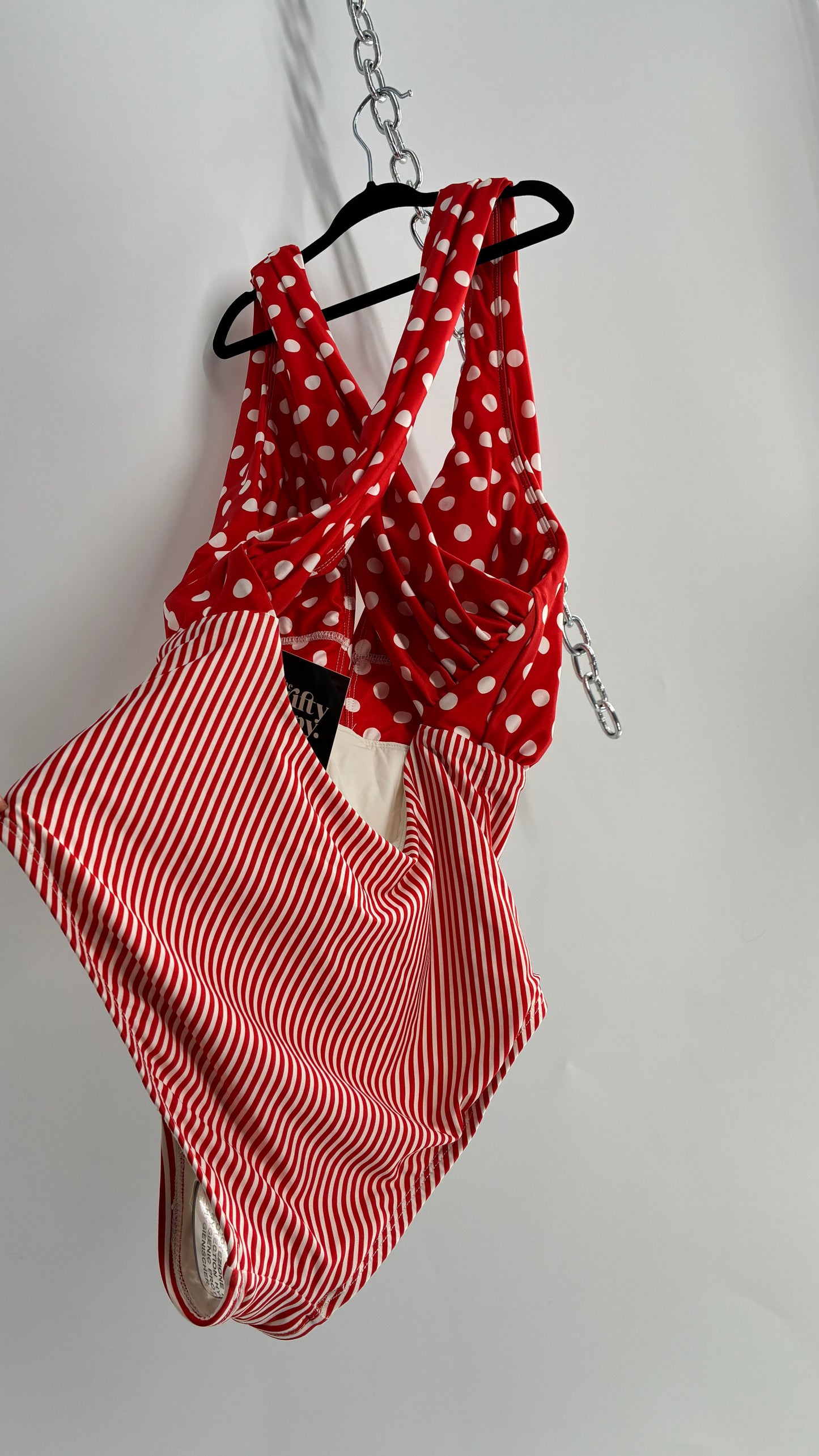 ALLIHOP Anthropologie Red and White Retro Thick Striped and Polka Dotted Bikini with Open Criss Cross Back (Small)