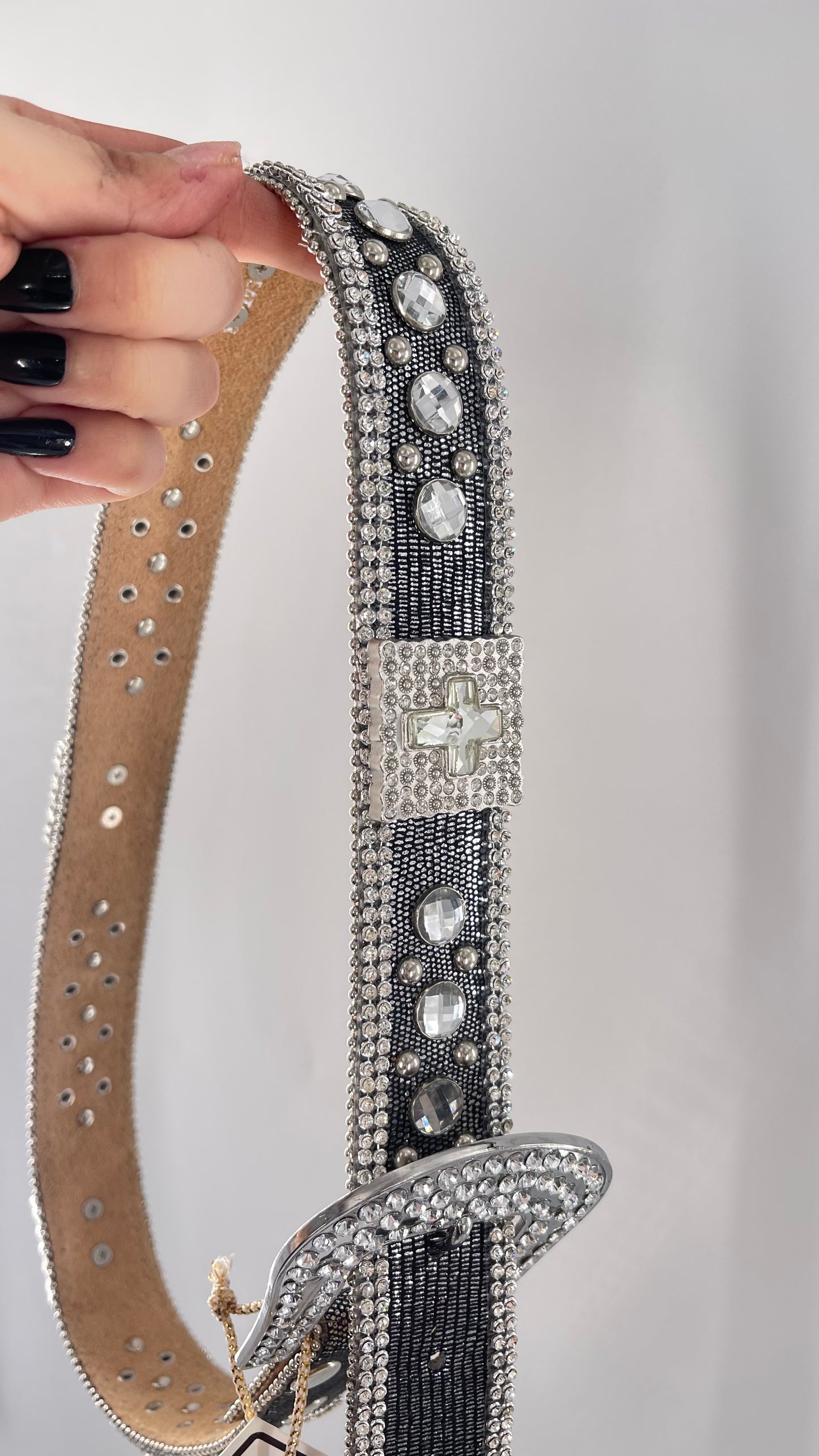 Free People Dark Silver Metallic Snake Print Belt covered in Crystal Embellishments and Heavy Metal Crosses (M)