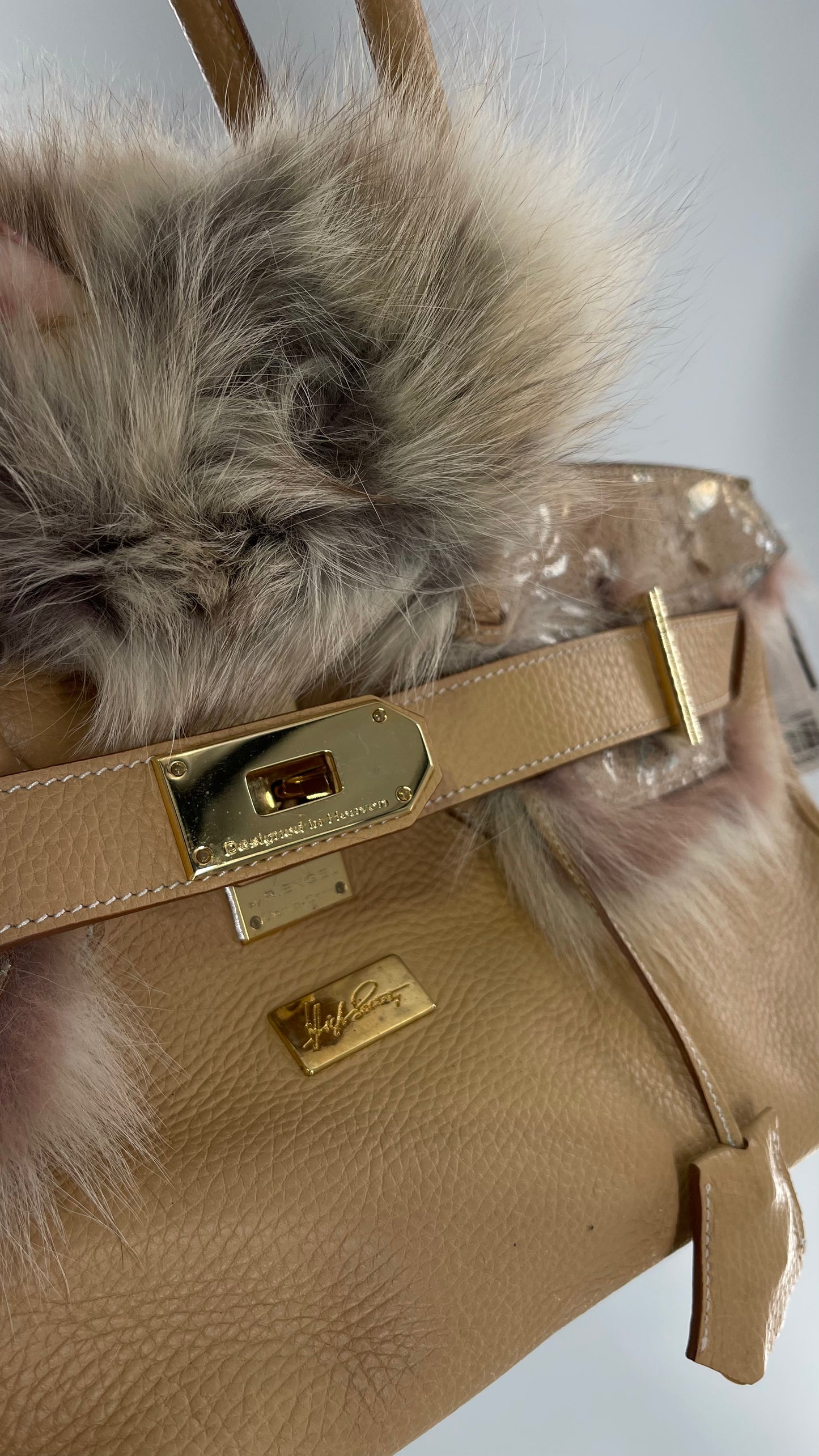Vintage REMC R.ENGEL Monte Cristo High Society Tan Leather Purse with Silver Embossed Leather Detail, Feather Trim and Heavy Gold Locket Birken Look Alike