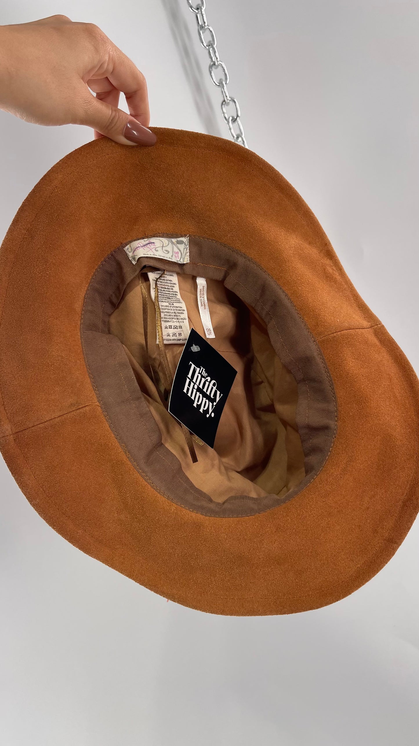 Free People Burnt Orange Suede Genuine Leather Sun Hat with Braided Belt