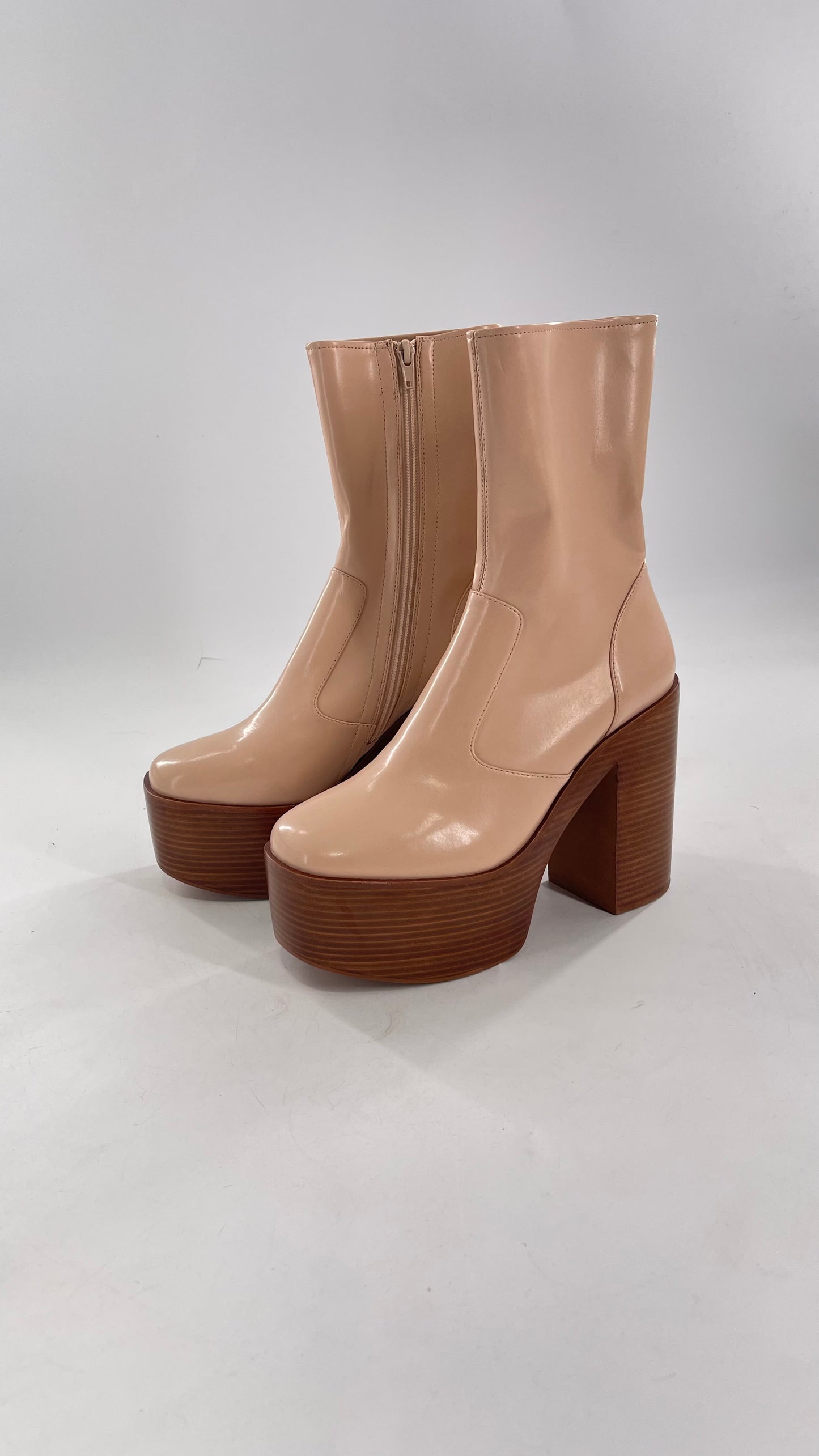 Free People X Jeffrey Campbell Mexique GoGo Boots • Beige Patent Boot with Wood Grain Chunky Block Heel and Platform (9)