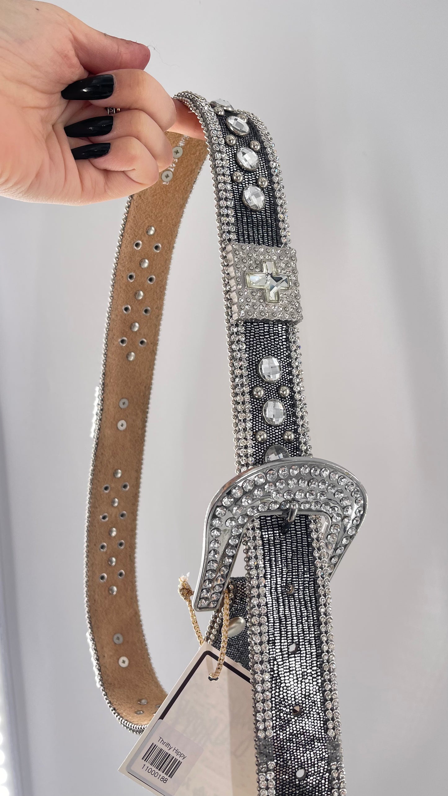 Free People Dark Silver Metallic Snake Print Belt covered in Crystal Embellishments and Heavy Metal Crosses (M)