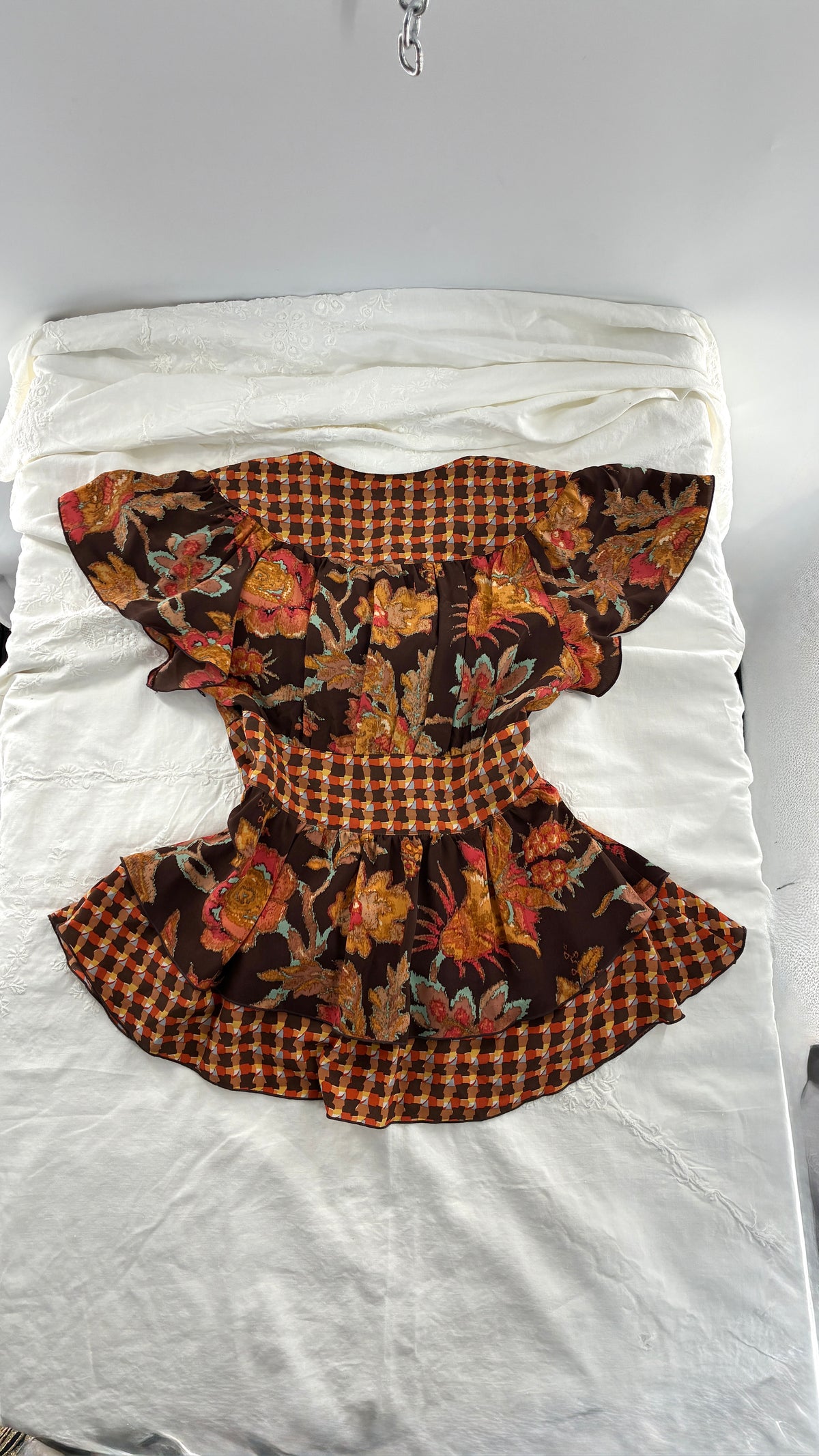 Vintage ANNA SUI 100% Silk Orange and Brown Mixed Pattern Blouse (4)