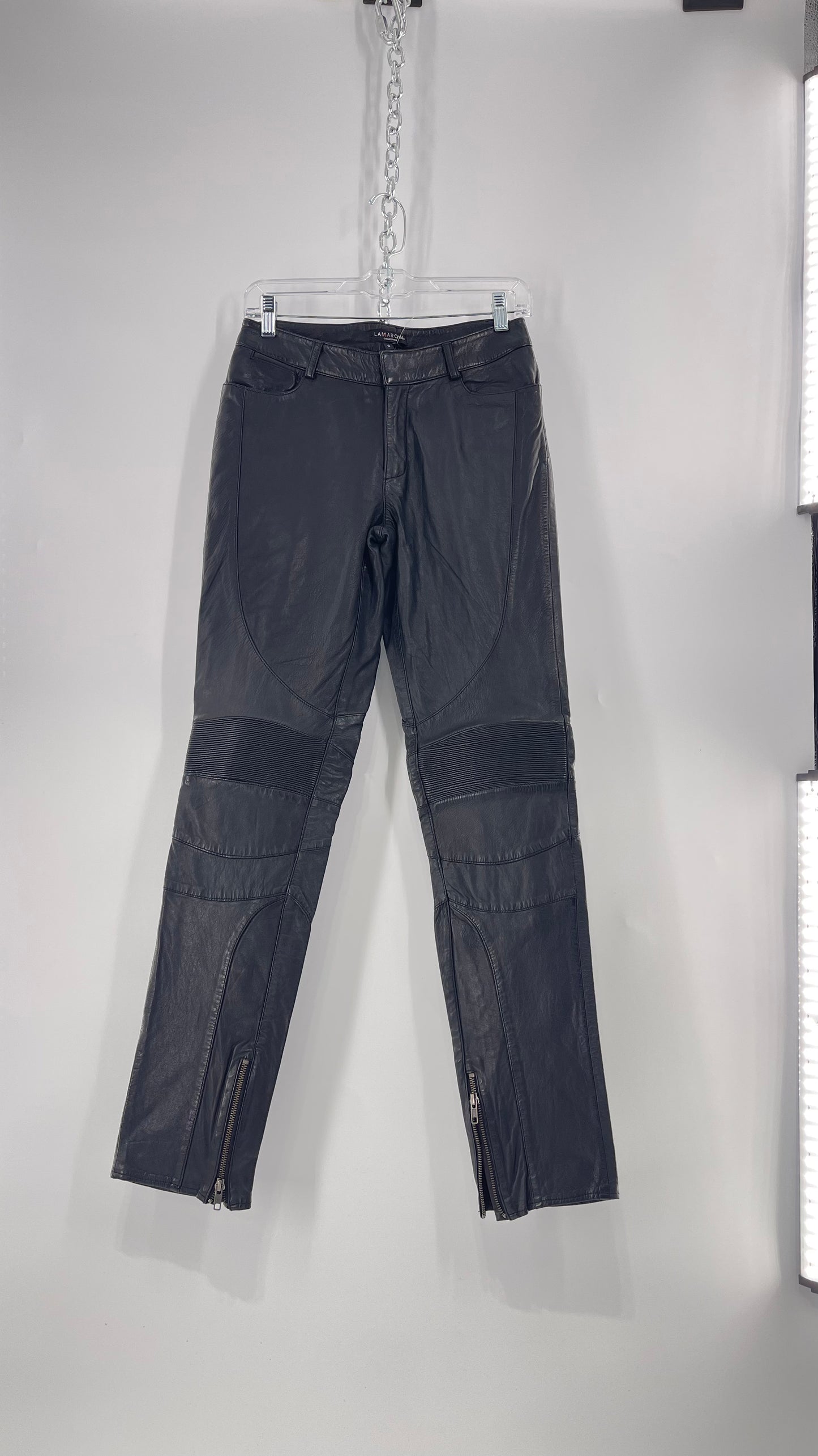 LAMARQUE 1990s Collection Vintage Black Leather Moto Style Pant with Panels, Ribbing and Zipper Details (6)