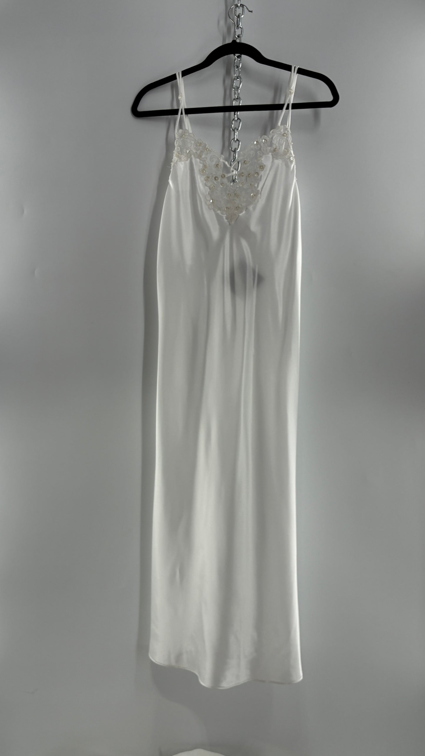 Vintage California Dynasty White Glossy, Silky Night Gown Style Dress with Sequined Lace Bustline (Small)