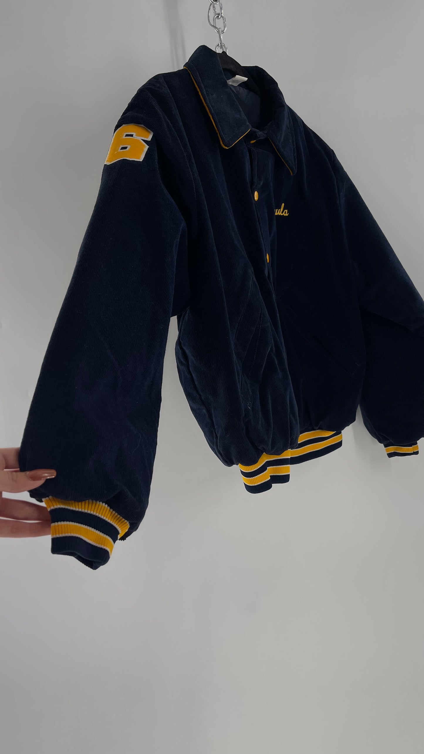 Birdie Vintage Phi Sigma Sigma Navy Blue Corduroy Varsity/Sorority Jacket with Contrast Yellow Patches and Embroidered “Paula” Monogram (Large)