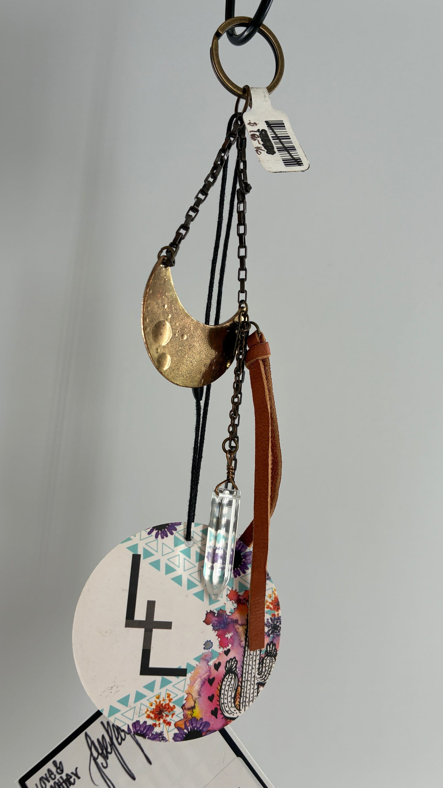 Free People Love and Leather Brass Half Moon, Crystal Dagger Keychain
