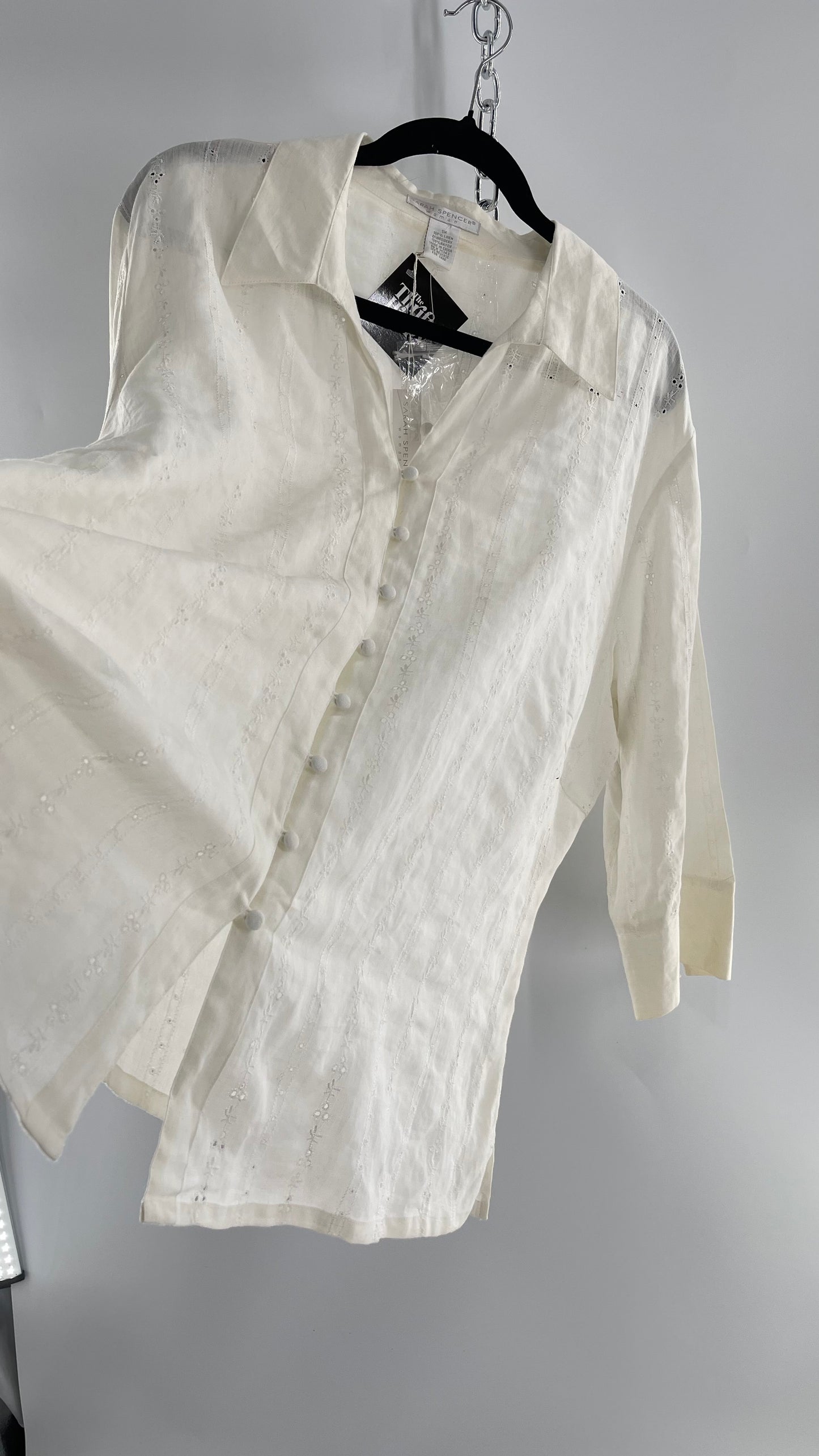 Sarah Spencer Off White 100% Embroidered Linen Blouse with Tags Attached (3X)