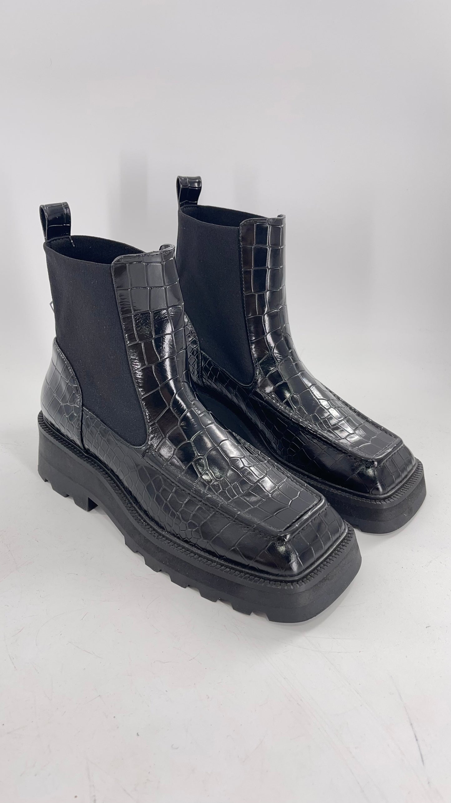 INTENTIONALLY Black Patent Crocodile Embossed Extreme Square Toe Boots (10)