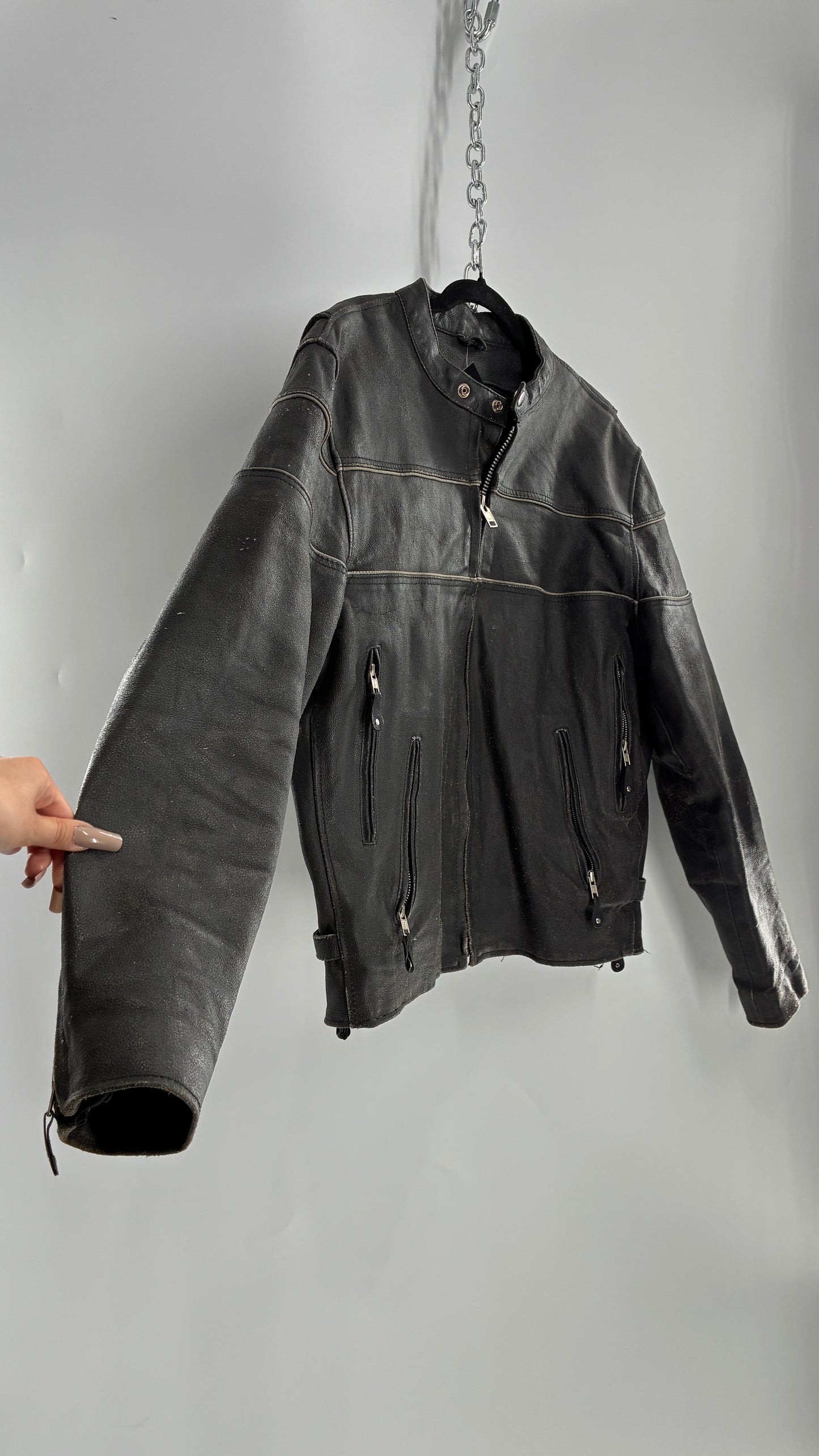 Vintage Distressed Genuine Leather Motorcycle Jacket with Zippered Pockets, Cuffs, and Sides (Large)
