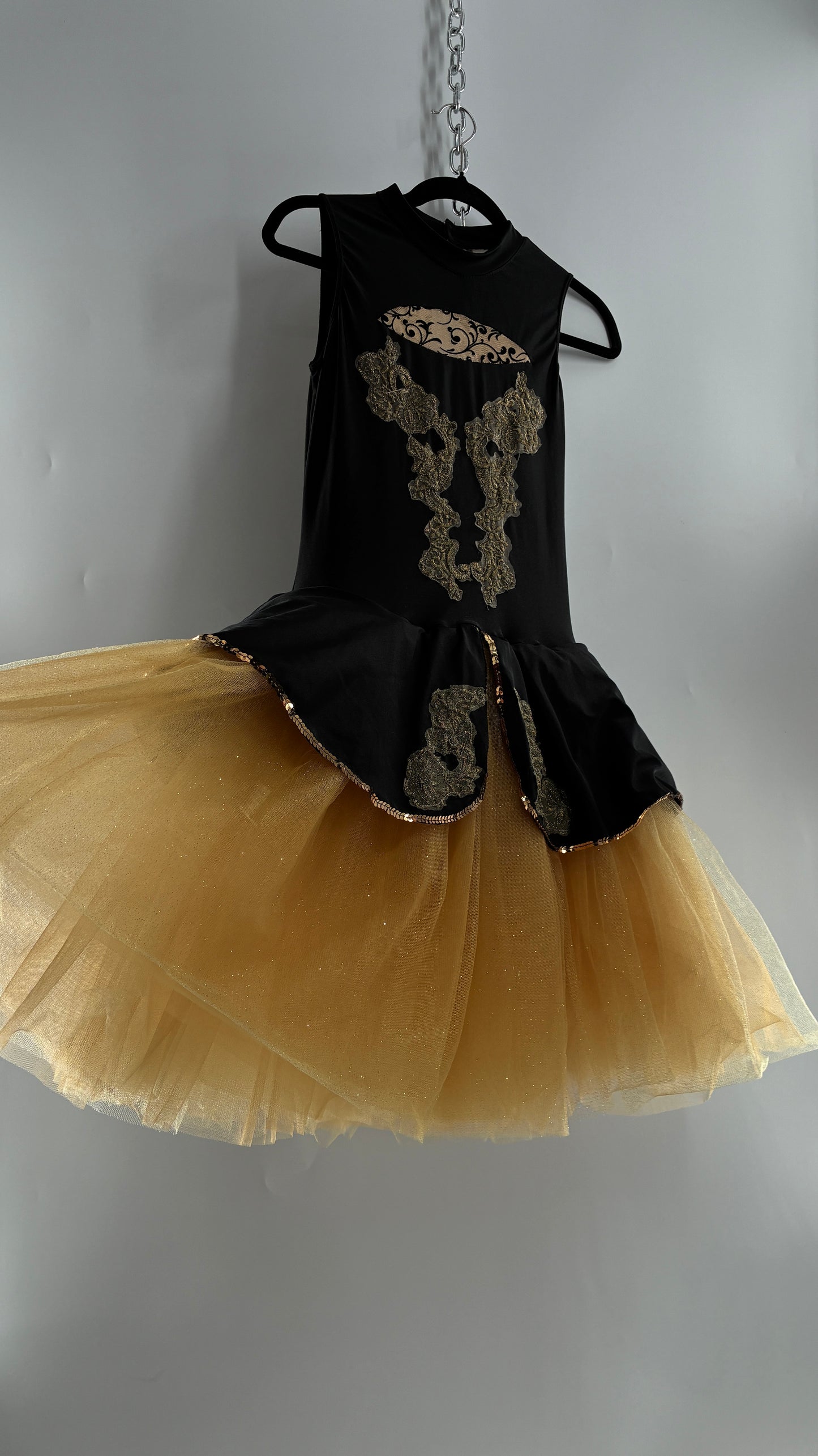 Costume Dancewear Mini Dress with Full Tulle Skirt, and Lace Appliqués (Medium Adult)