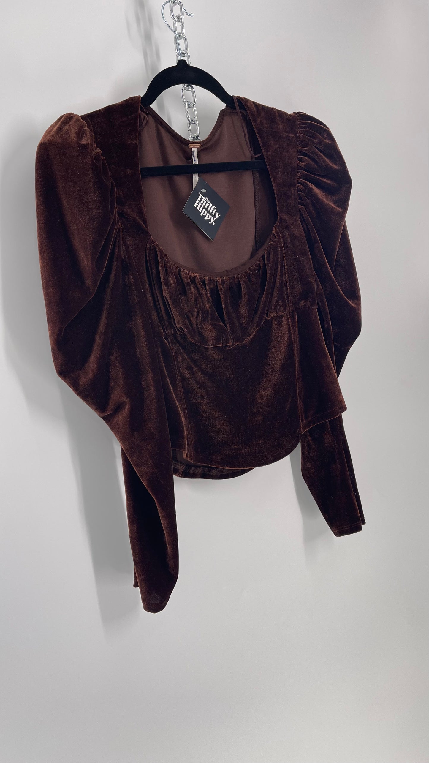 Free People Dark Brown Velvet Long Sleeve Cropped Blouse with Milkmaid Neckline and Renaissance Puff Shoulder (Large)