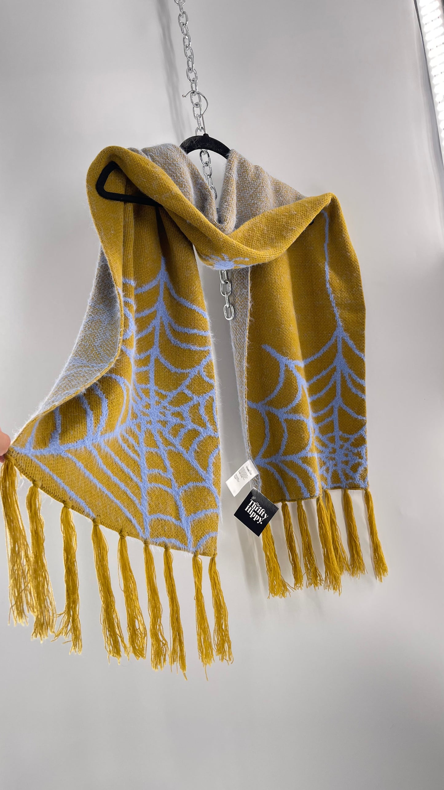 Free People Yellow Green Thick Knit Scarf with Powder Blue Spider Web Graphic