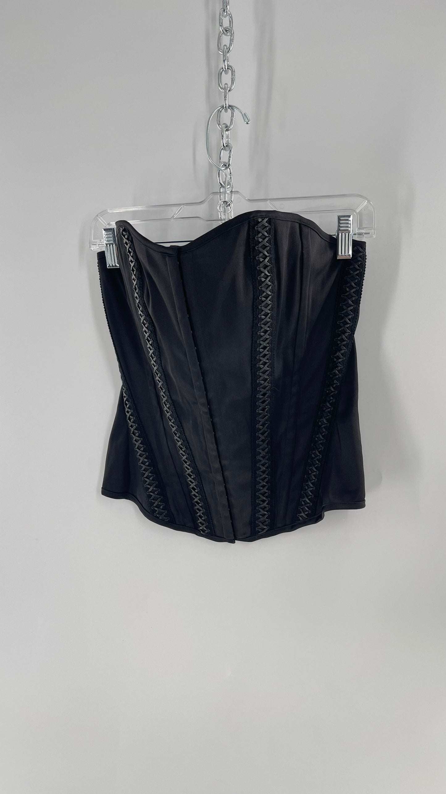 Vintage Charlotte Russe Black Boned Corset with Criss Cross Leather Details and Lace Up Back (Large)