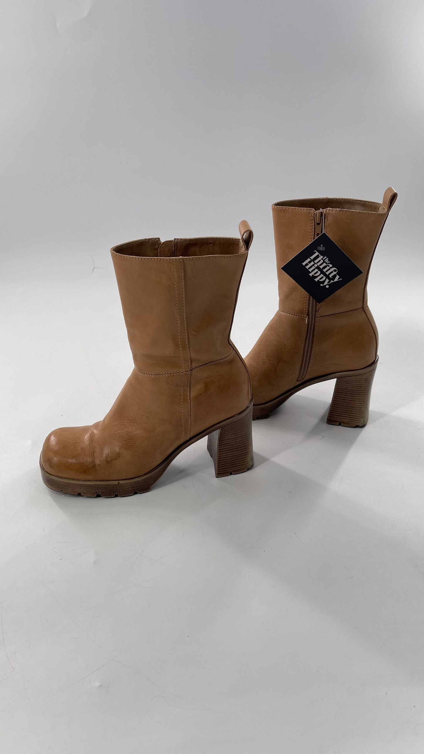 Vintage 90s Steve Madden Tan Leather Funky Square Toe Boot with Platform and Chunky Heel