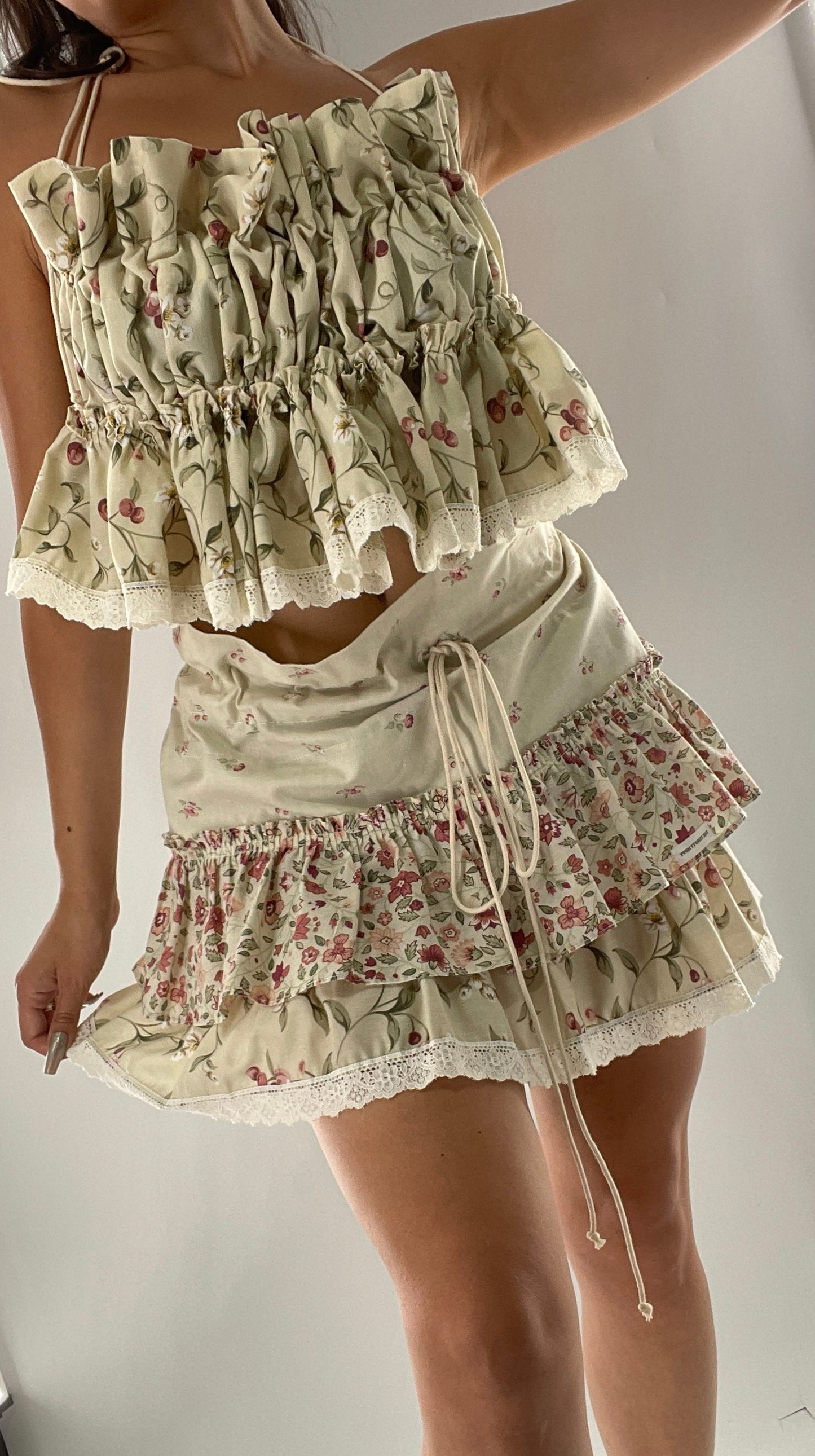Vintage Cherry Cottage Set with Tiered Ruffled Skirt and Ruched, Backless Top (One Size)