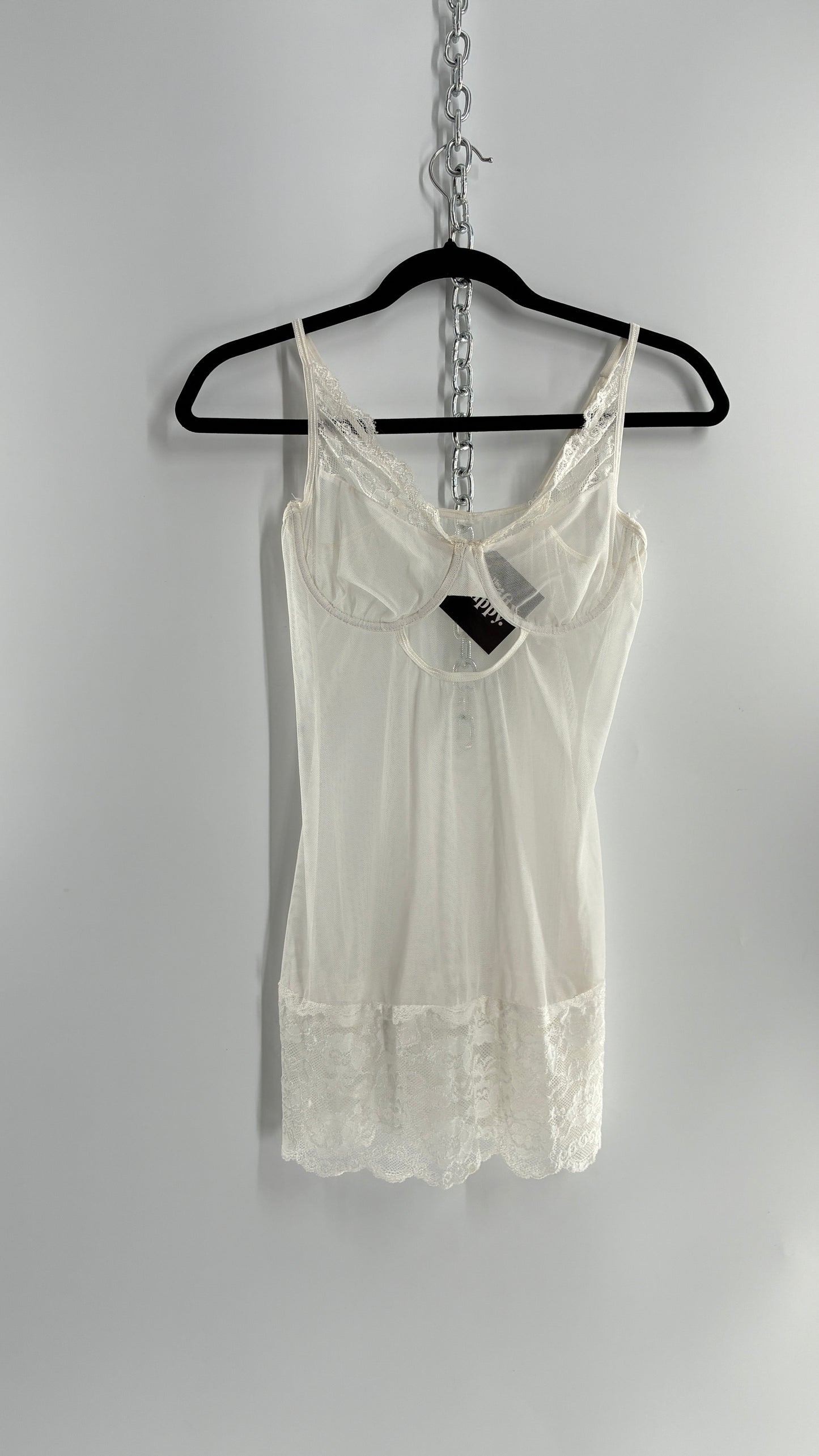 Vintage White Mesh Underwire Balconette Camisole with Thick Lace Band (S/M)