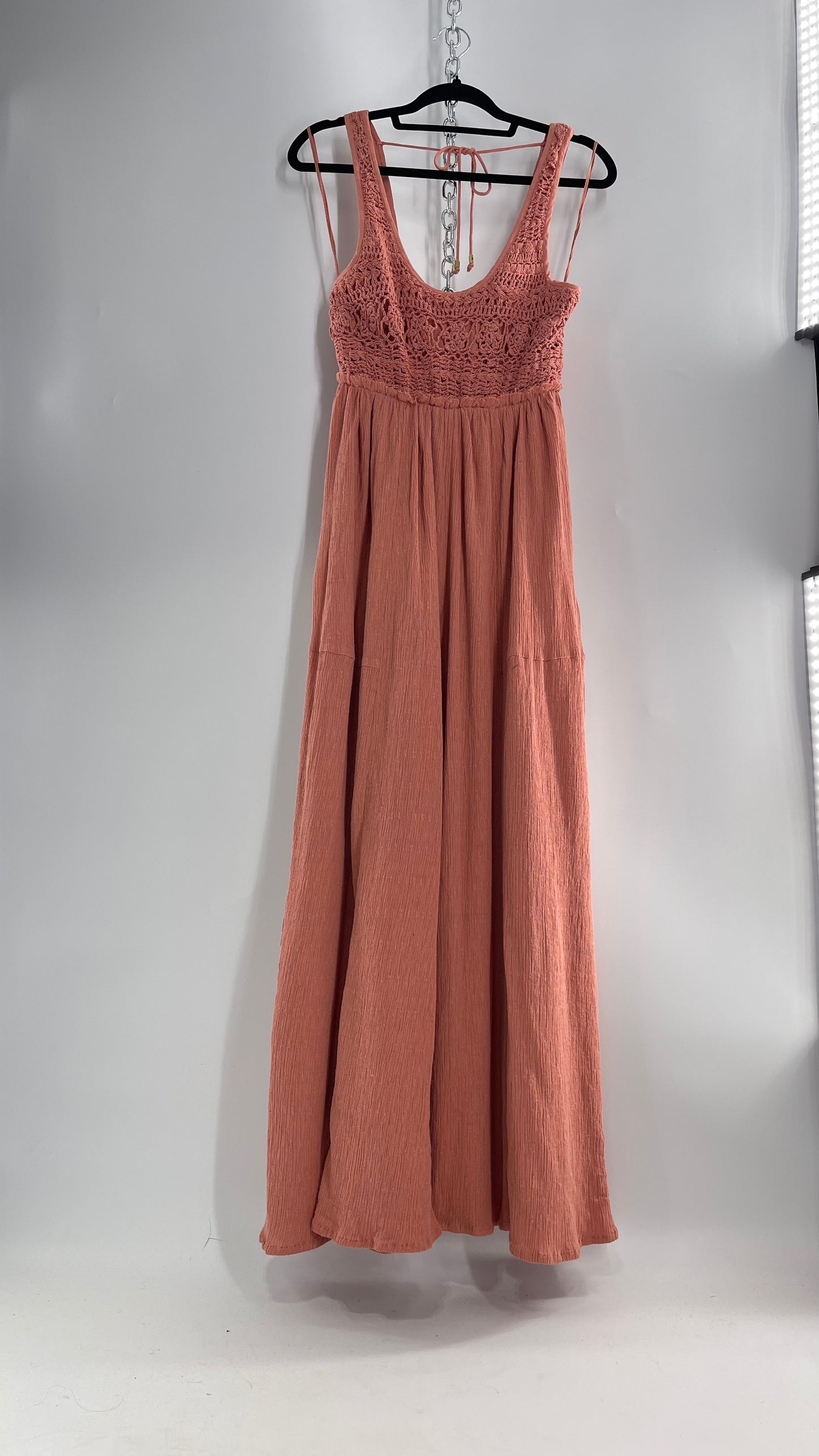 Free People Rose/Peach Pink Wide Leg Jumpsuit with Crochet Bust and Tags Attached (XS)