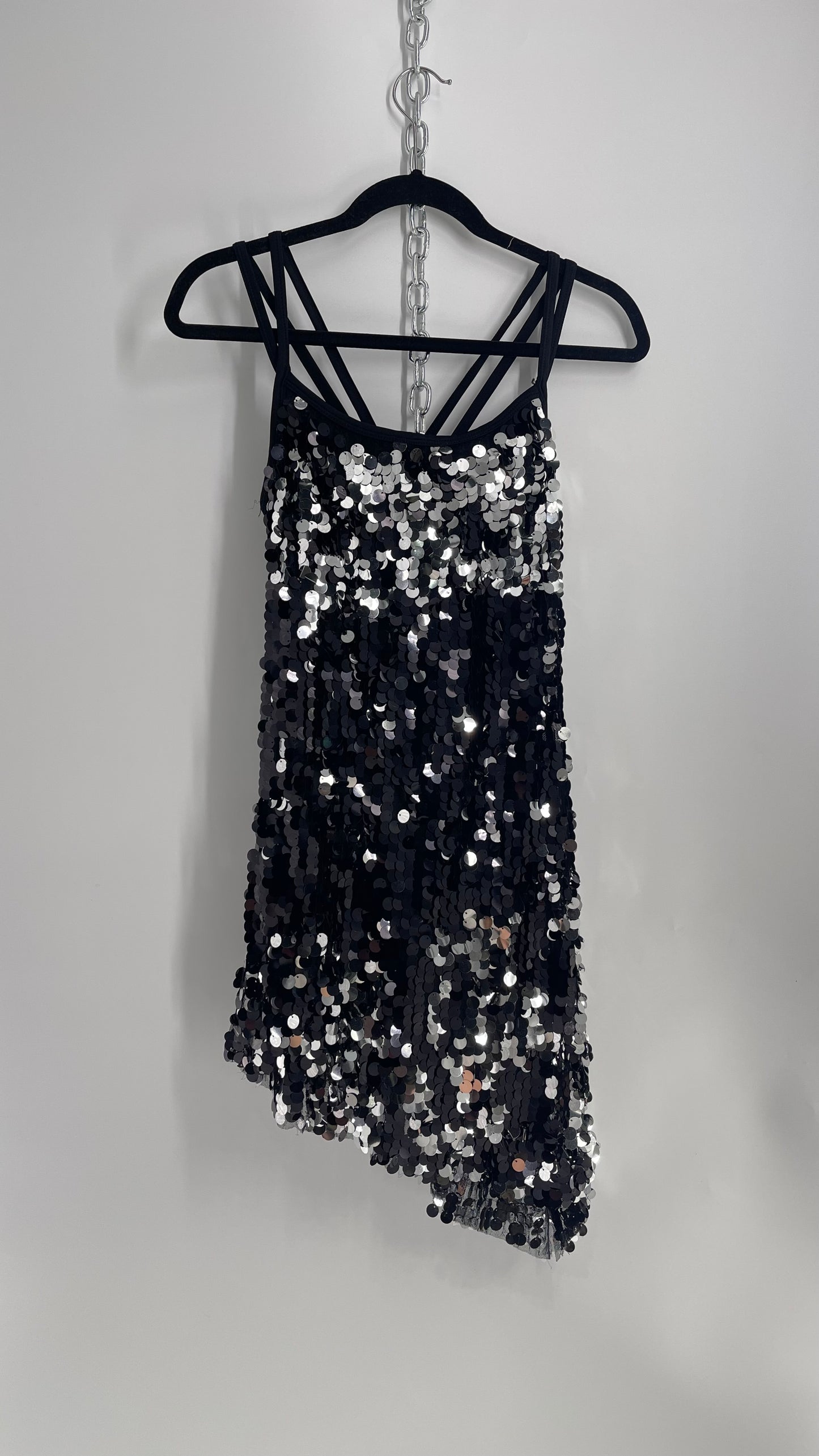Vintage Revolution Dancewear Black/Silver Sequin Tank with Asymmetric Hem and Built in Shorts (Medium)