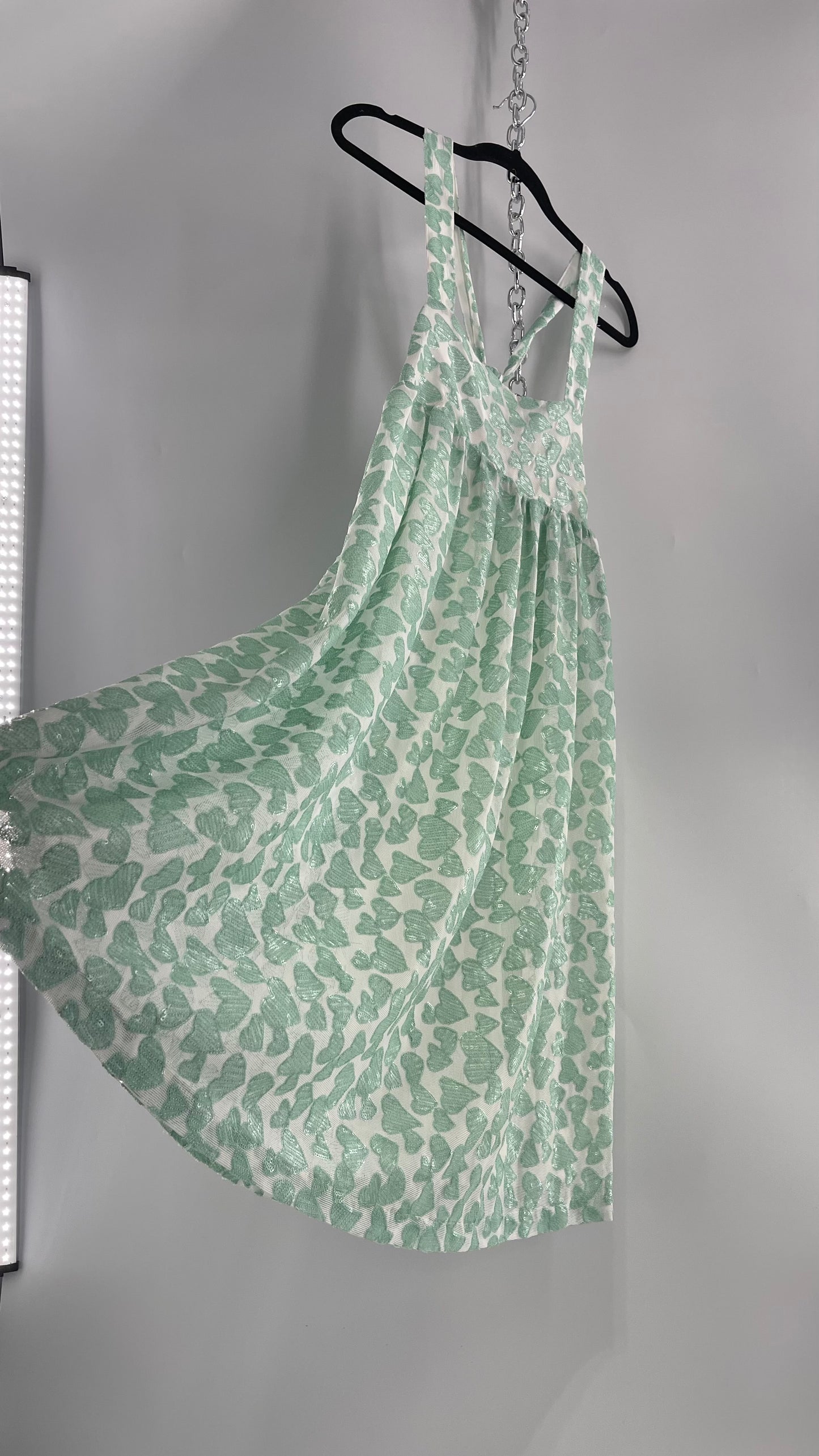 Kimchi Blue Babydoll Dress Covered in Sequin Teal/Mint Hearts (Medium)