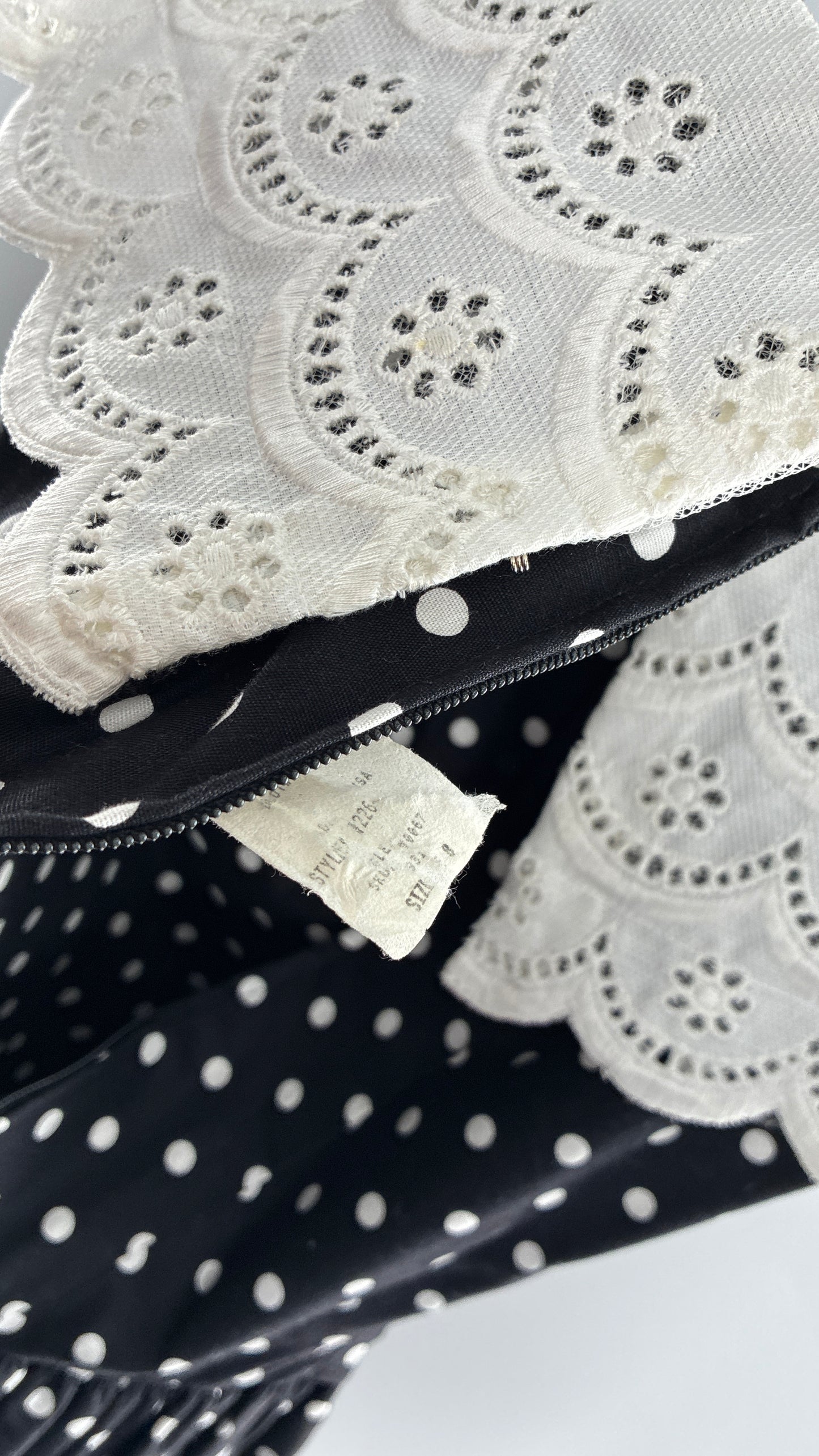 Vintage Handmade Black and White Polka Dot Pointed Waistline Gown with Off the Shoulder Stiff Lace Straps and Rosette Detail (8)