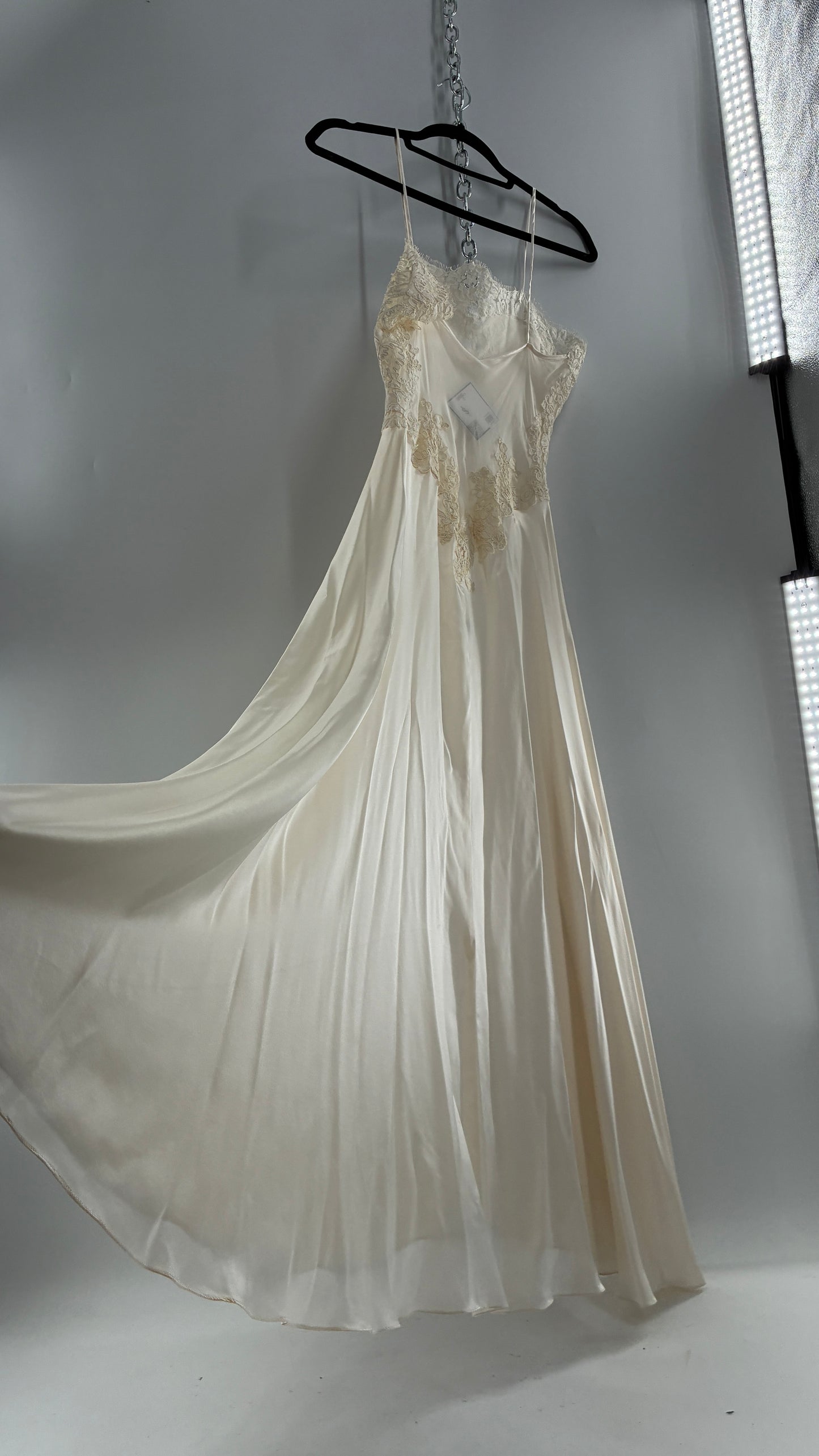 Vintage JONQUIL 100% Silk Gown with Heavy Lace Appliqués and Low Cut Sheer Back (Medium)