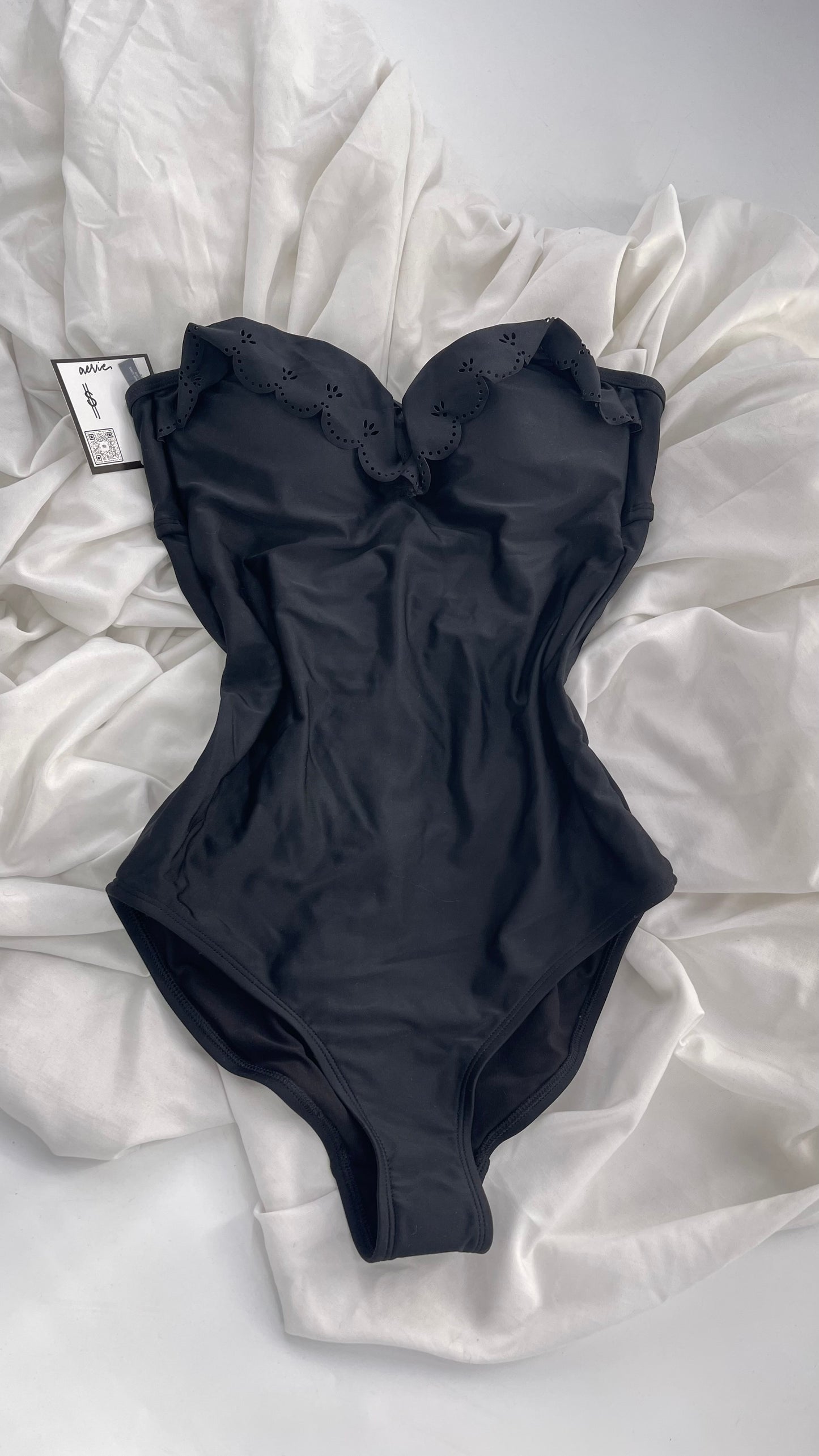 AERIE Black Swimsuit with Ruffled Sweetheart Neckline and Open Back (Small)