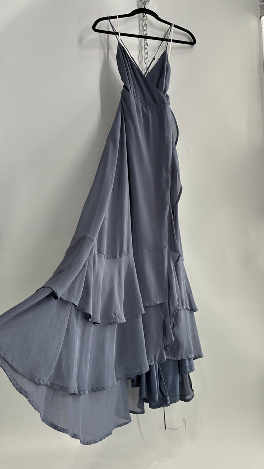 Lulus Greyish Blue Full Length Dress with Tie Up Back and Ruffled Hem (S)