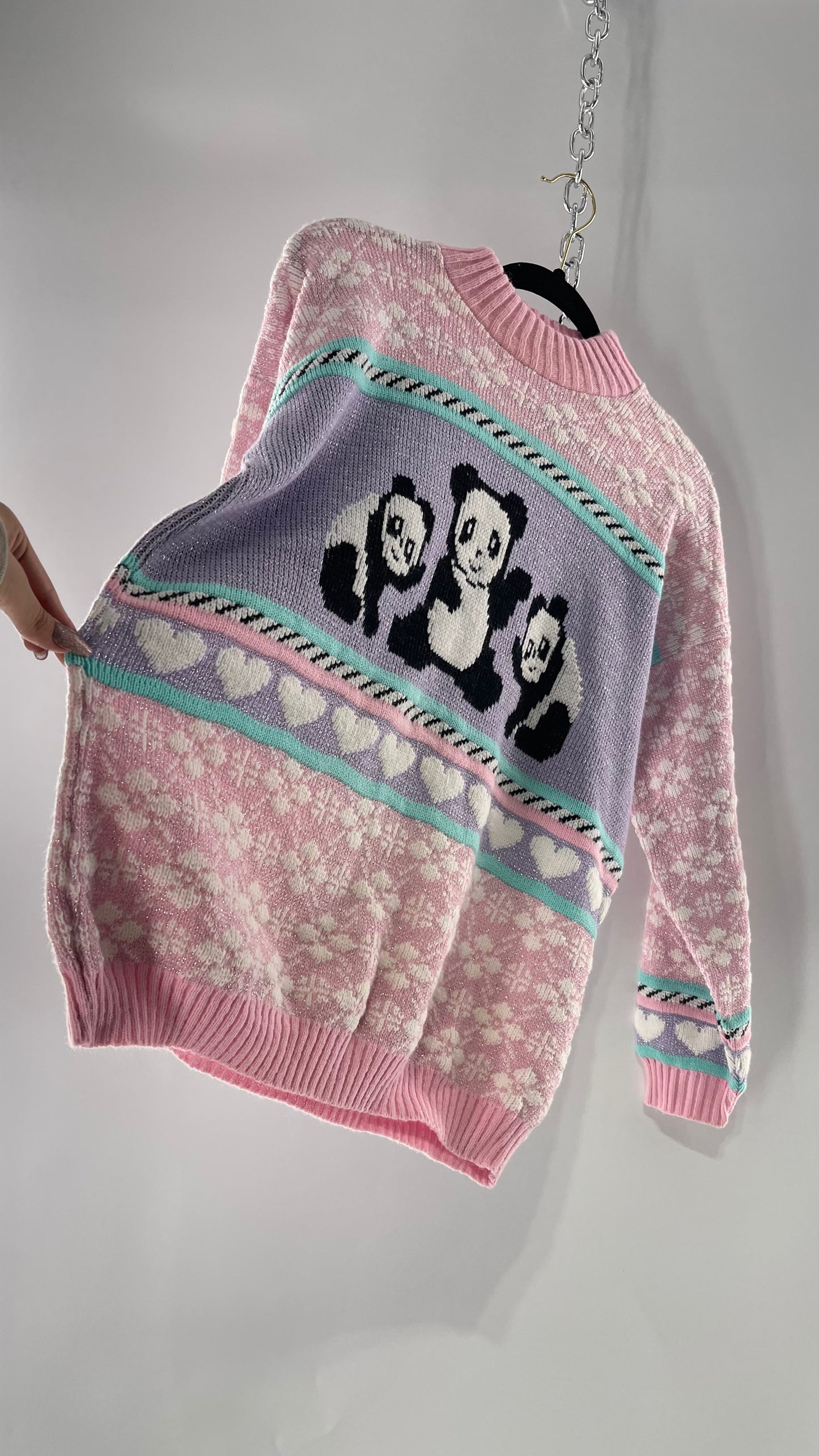 RARE 80s Vintage Adele Pastel Pink, Purple, Mint Silver Tinsel Sweater with Anime/Manga Art Style Pandas (Medium)