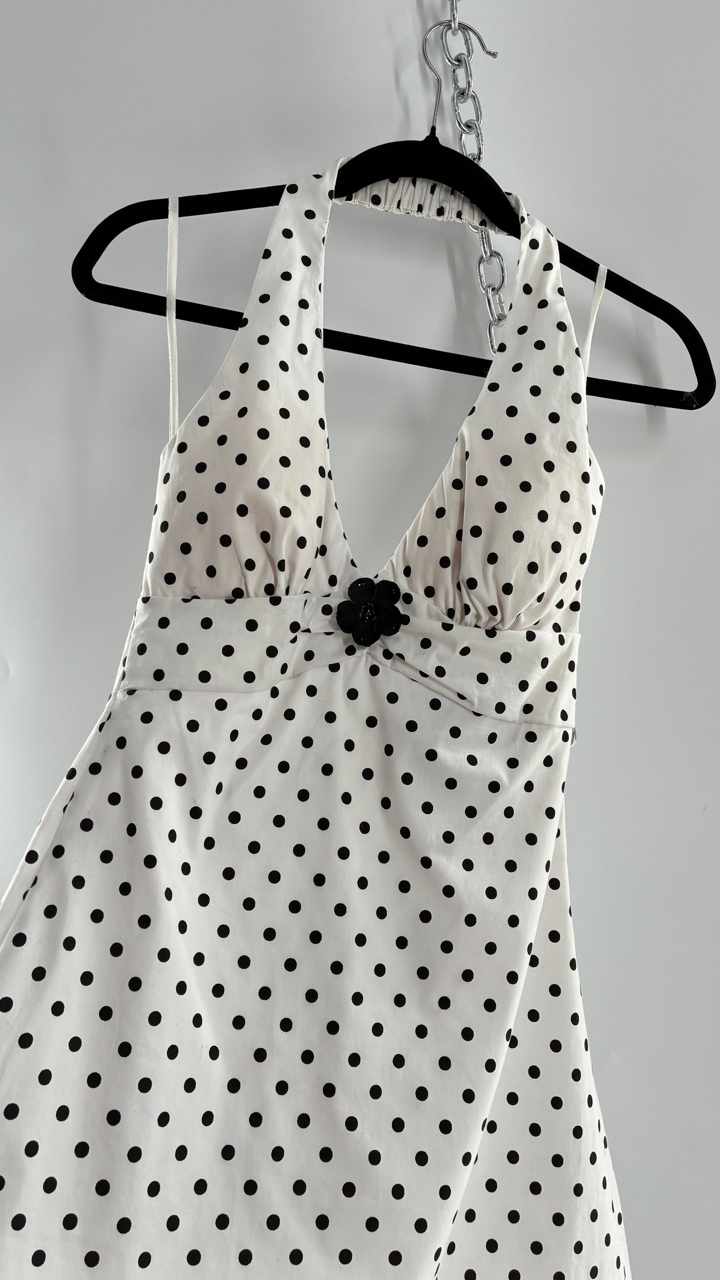 Deadstock Vintage Ruby Rox Retro Style White and Black Polka Dotted Mini Dress with Tulle Trim (7)