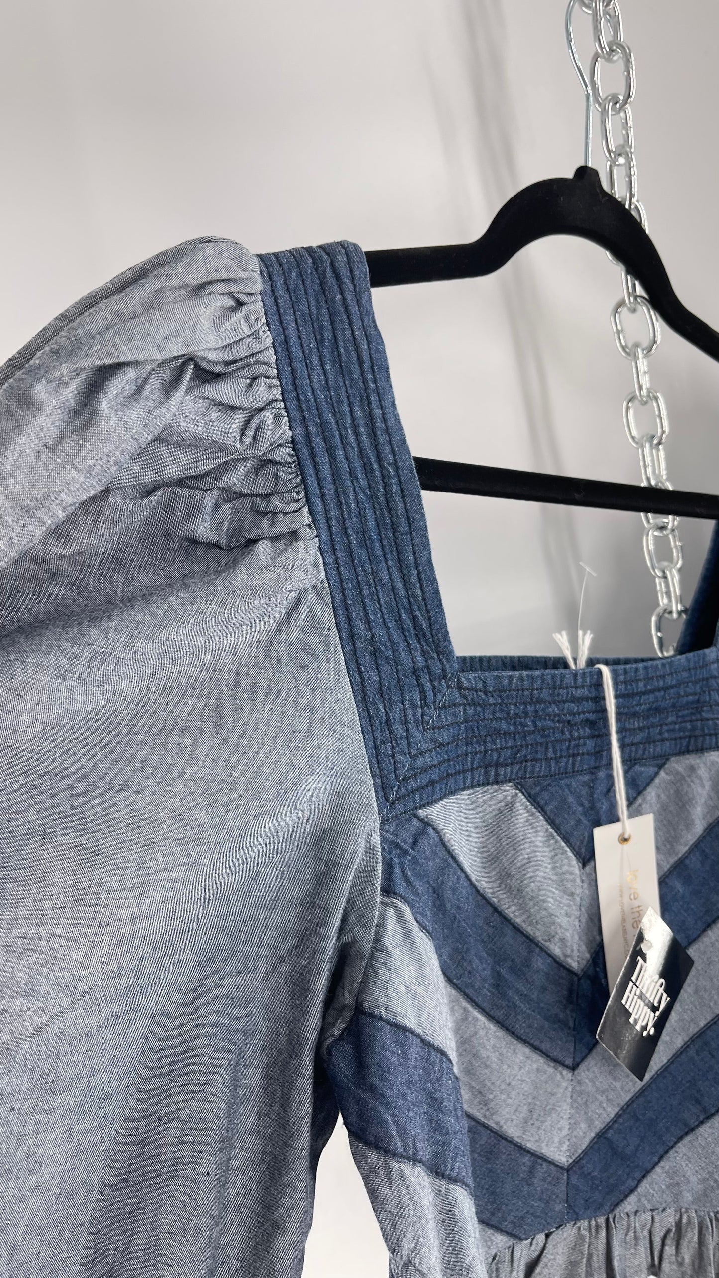 Love the Label ANTHROPOLOGIE Chambray, Chevron, Denim Smocked Blouse with Dramatic Sleeves and Tags Attached (Small)