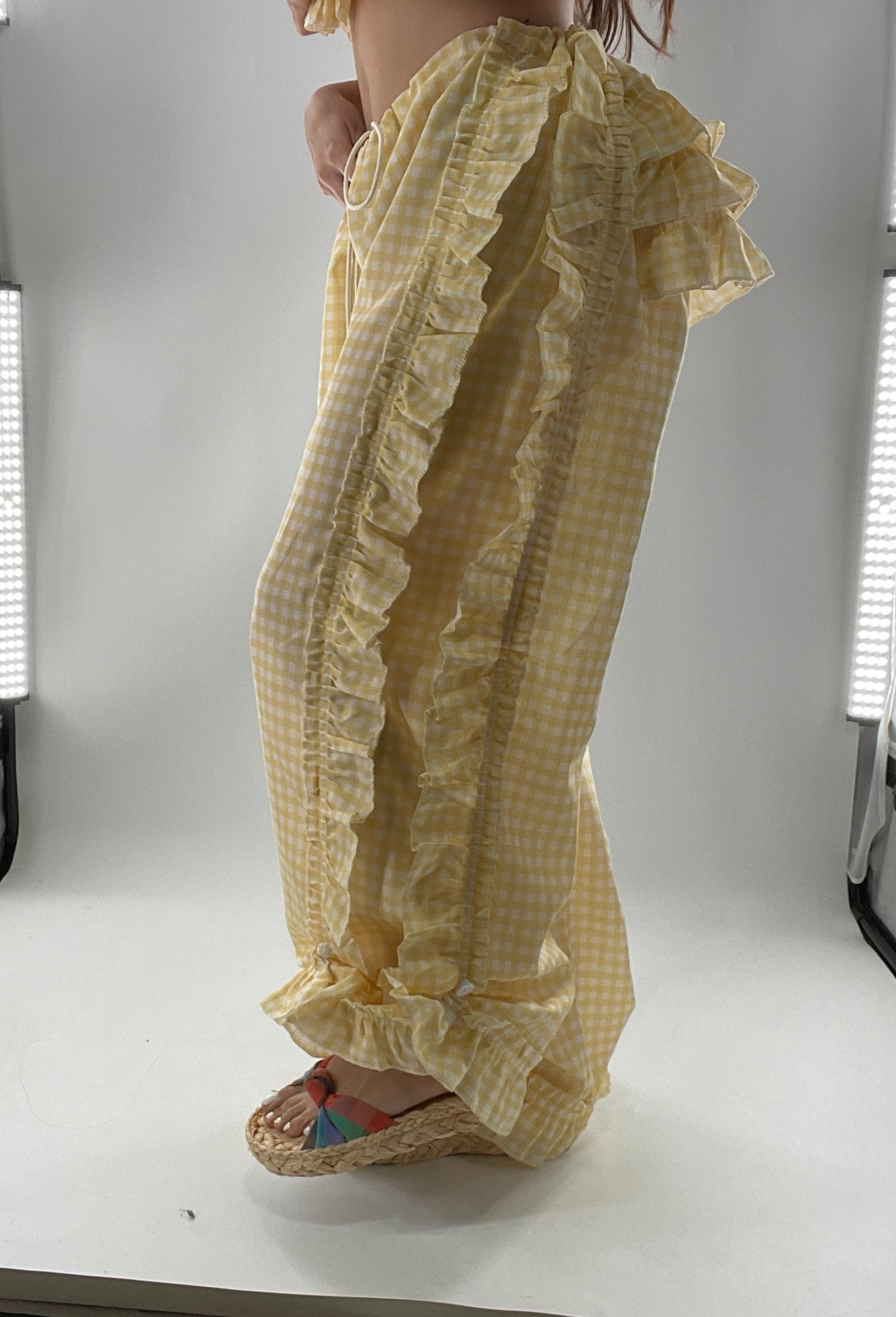 Vintage 2 Piece Yellow Checkered/Gingham Patterned Picnic Set with Ruched Bust Top and Ruffle Side Wide Legs with Adjustable Length, Strap Up Buttons on Hem (One Size)