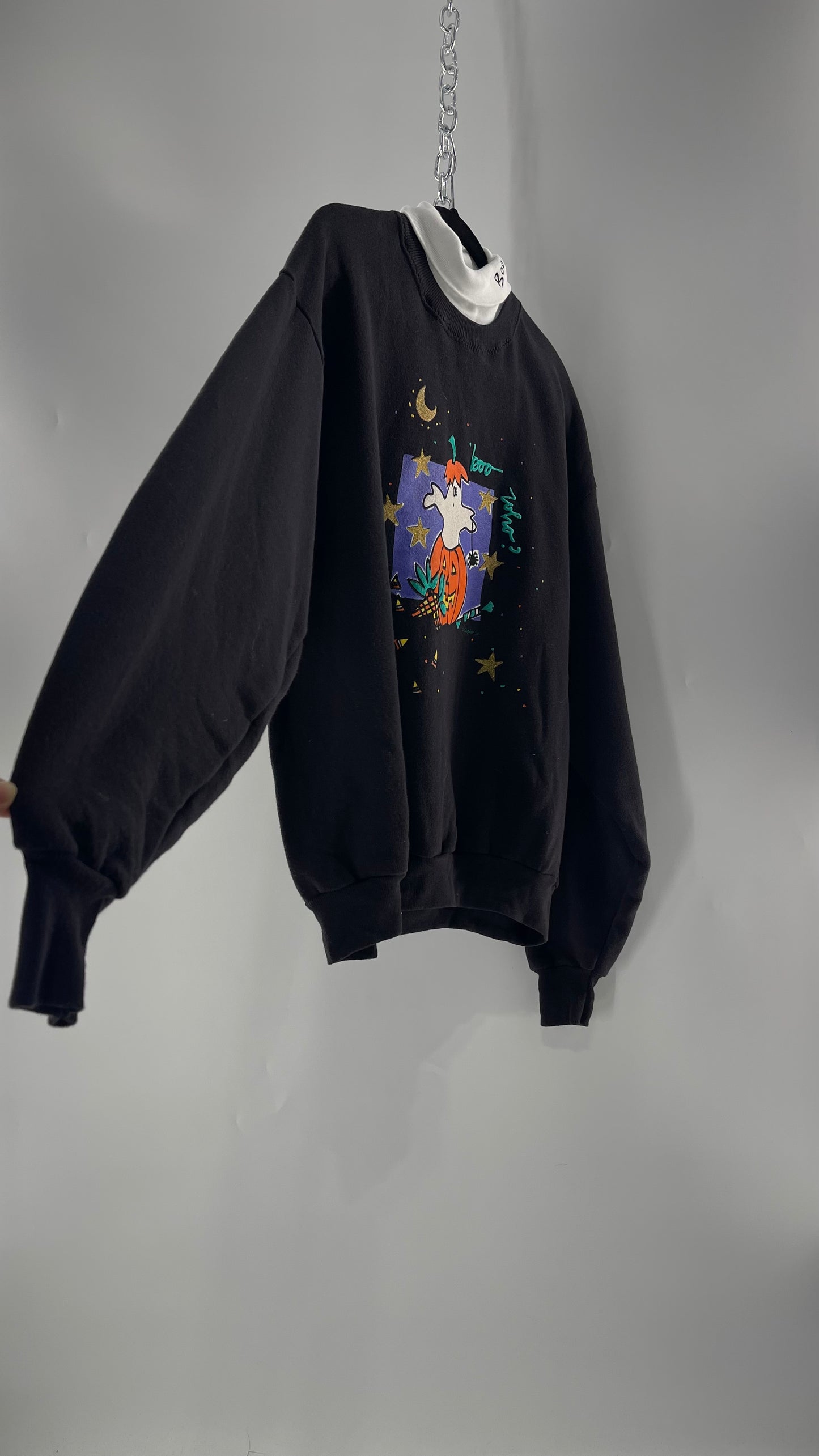 Vintage Black Halloween Graphic Crewneck with White Turtleneck Detail and Boo Embroidery (Large)