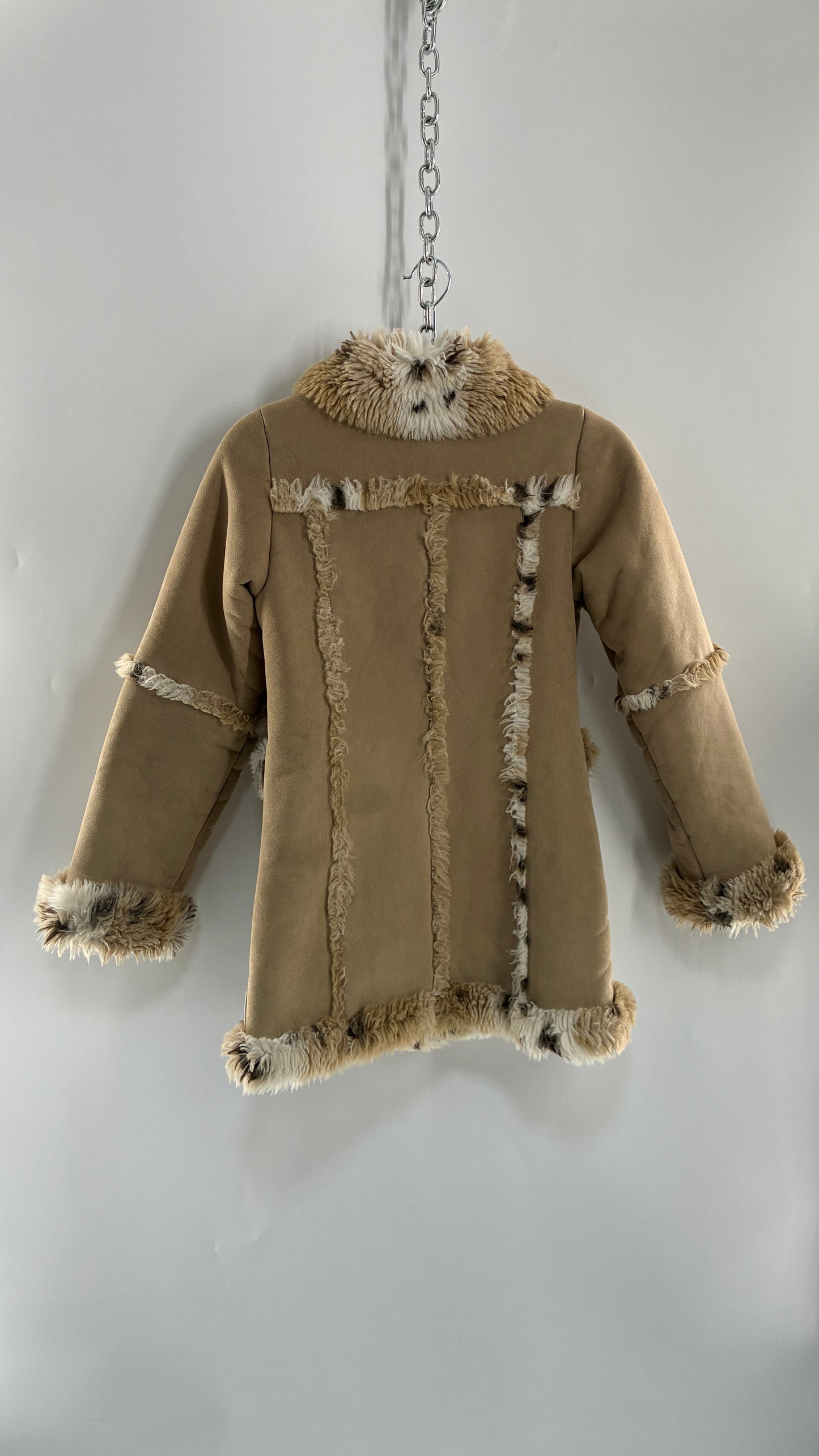 LONDON FOG (10/12) Vegan Suede Coat with Leopard Patterned Piping, Trim and Collar